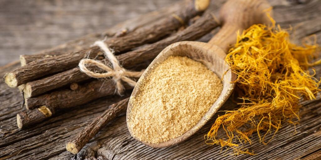 Licorice root, licorice fiber and powder in spoon on rustic background ( glycyrrhiza glabra )