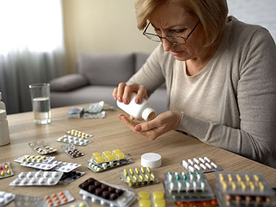 Old female taking capsules from bottle self-medication pills addiction obsession