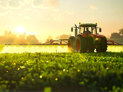 A tractor spraying pesticides on a green field.