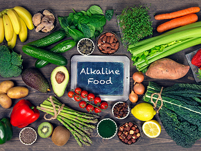 Alkaline foods above the wooden background