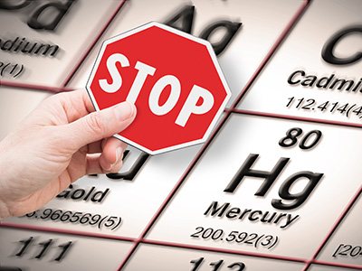 Stop heavy metals - Concept image with hand holding a stop sign against a mercury chemical element with the Mendeleev periodic table on background