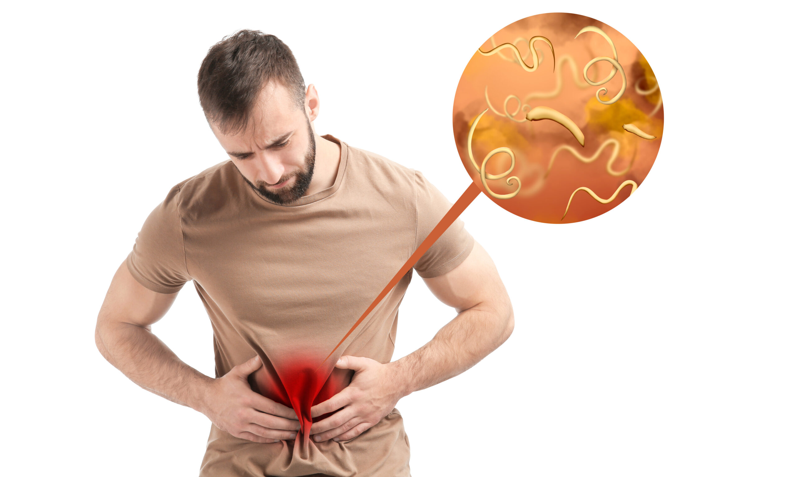 Parasites under microscope and man suffering from helminthiasis