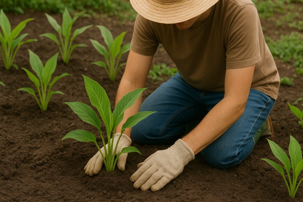 Gardener Planting Arrowroot in Rich Soil