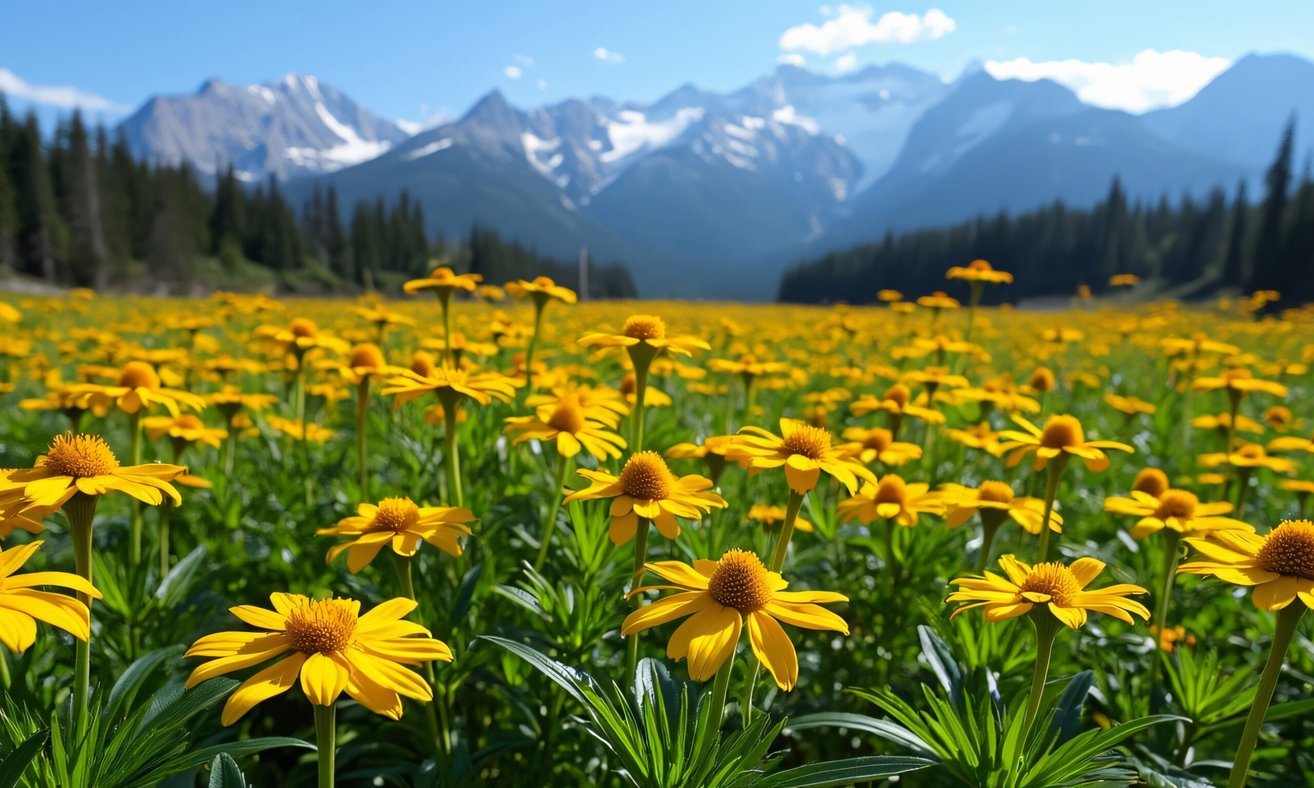 Vibrant Yellow Arnica Flower Field with Snow-Capped Mountains an