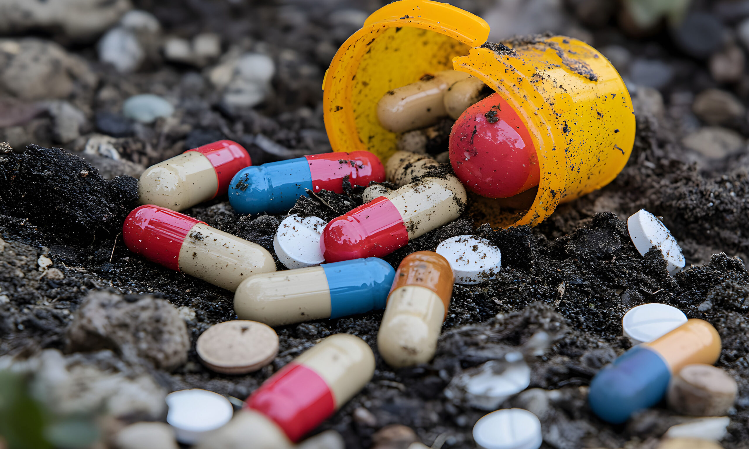 Scattered medical pills in dirt pollution concept environmental