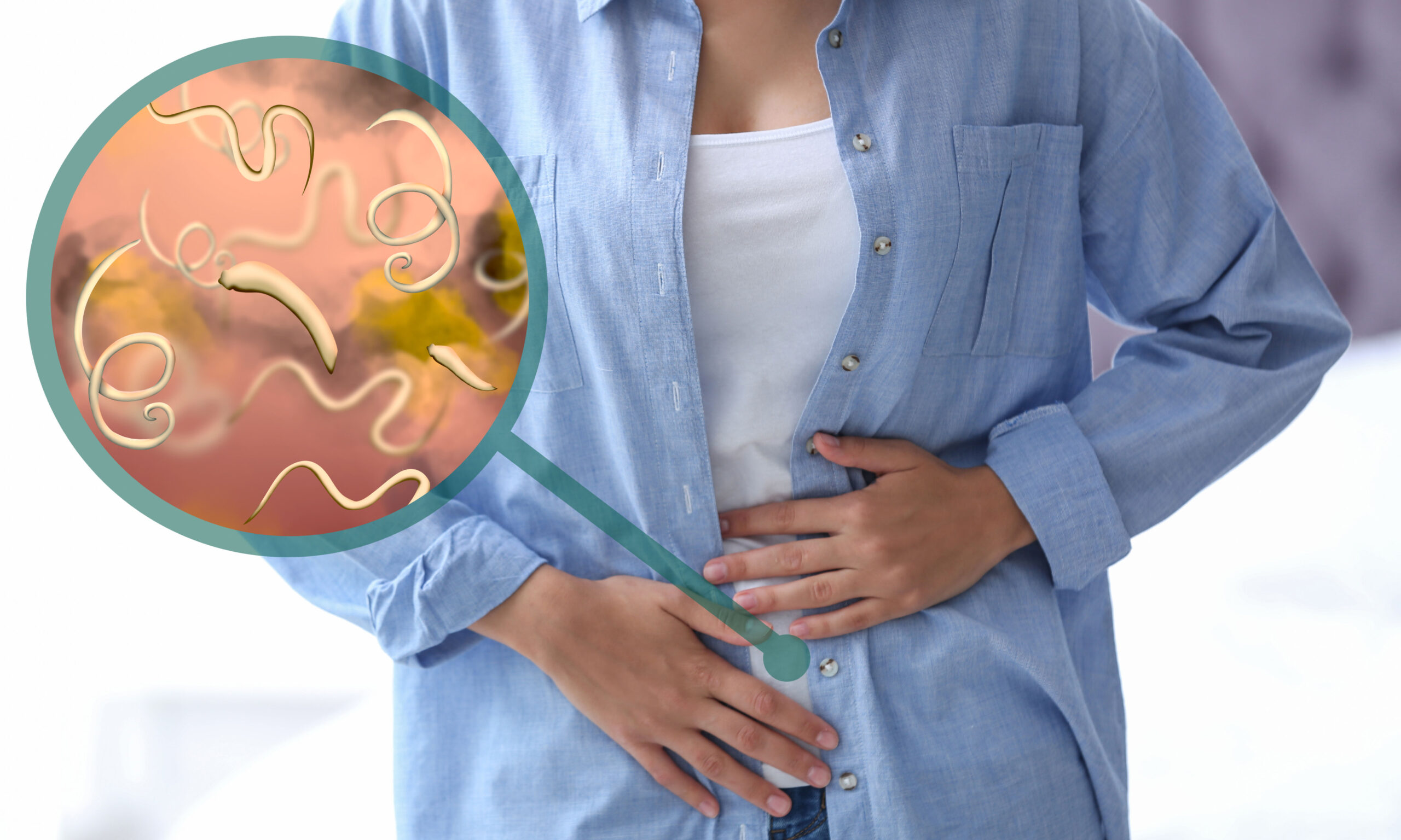 Parasites under microscope and woman suffering from helminthiasis, closeup