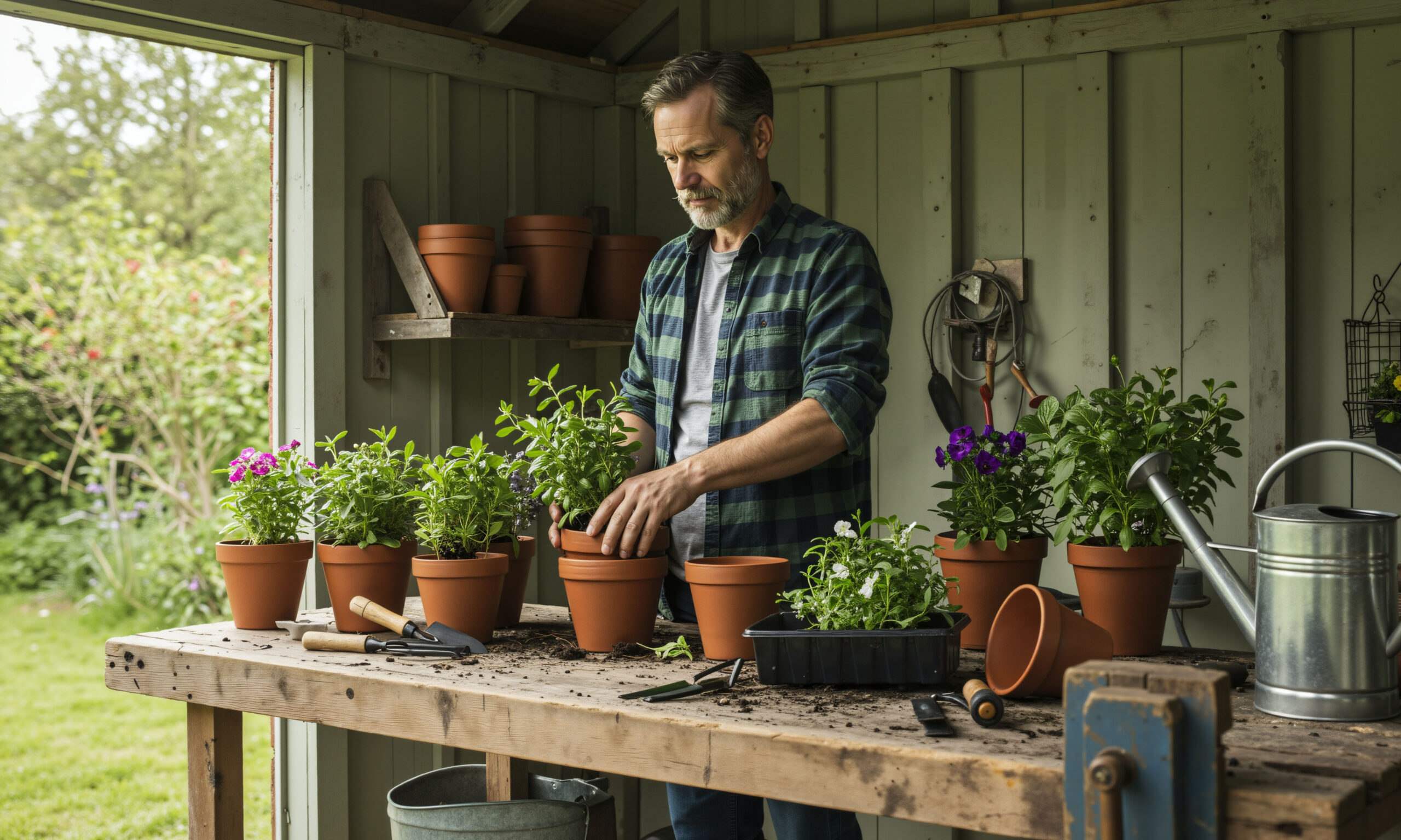 Middle-aged Caucasian man potting plants in a rustic garden shed
