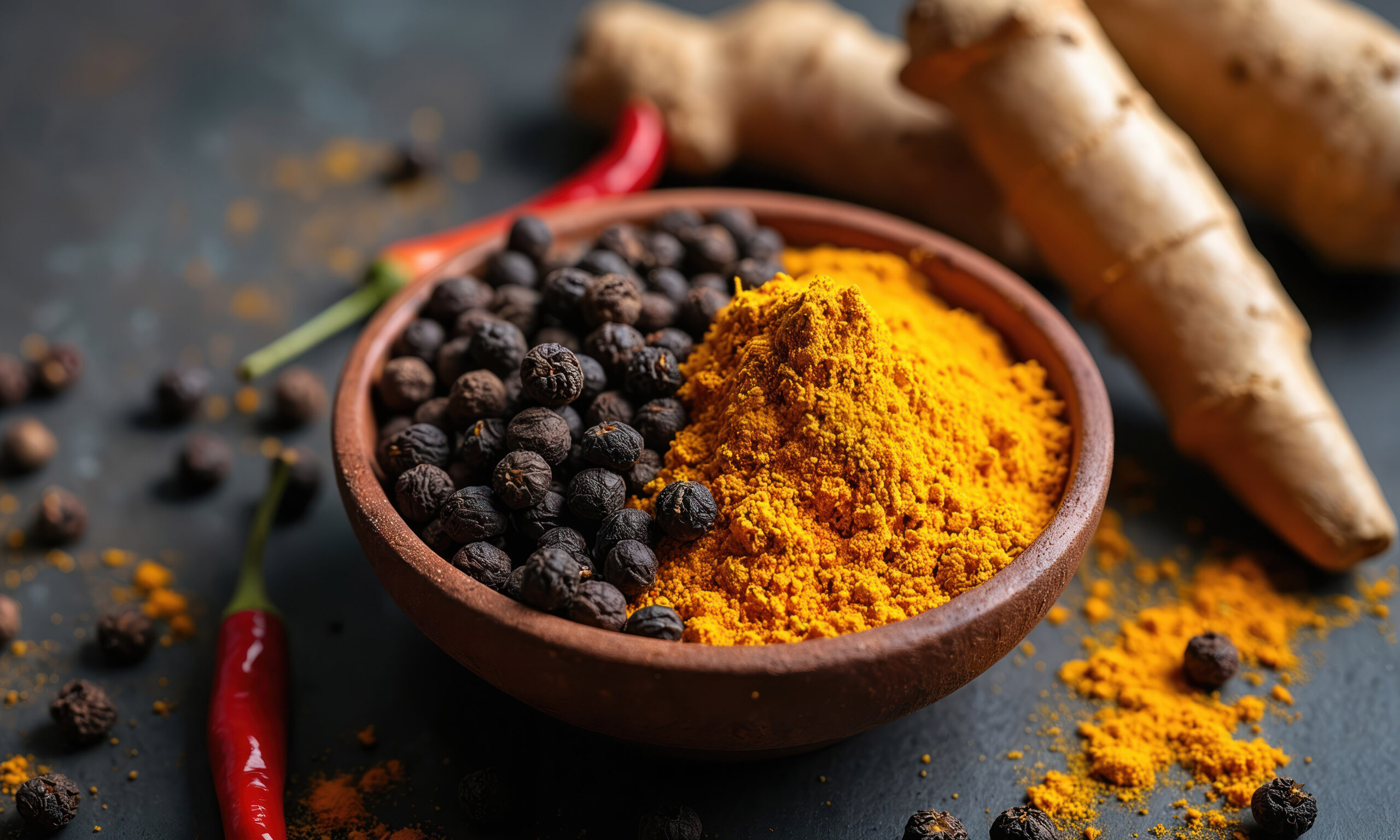 Bowl filled with black peppercorns and vibrant turmeric powder next to red chili peppers and whole turmeric roots. Dark backdrop creates rich culinary scene with scattered spices.