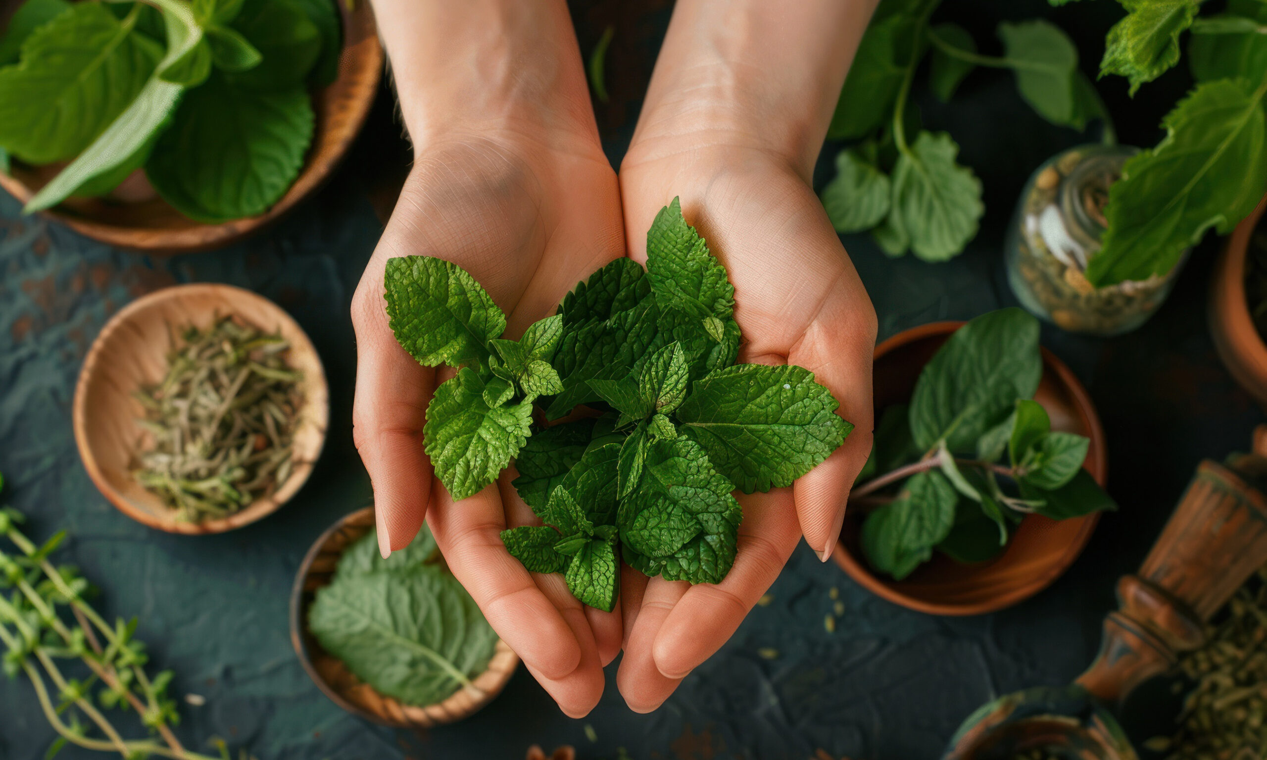 High-resolution image of a female herbalist's hands displaying lemon balm leaves, top view with a background of assorted herbal preparations and earthy tones --ar 3:2 Job ID: b49a5b20-19d2-41da-a312-f888c6beb109