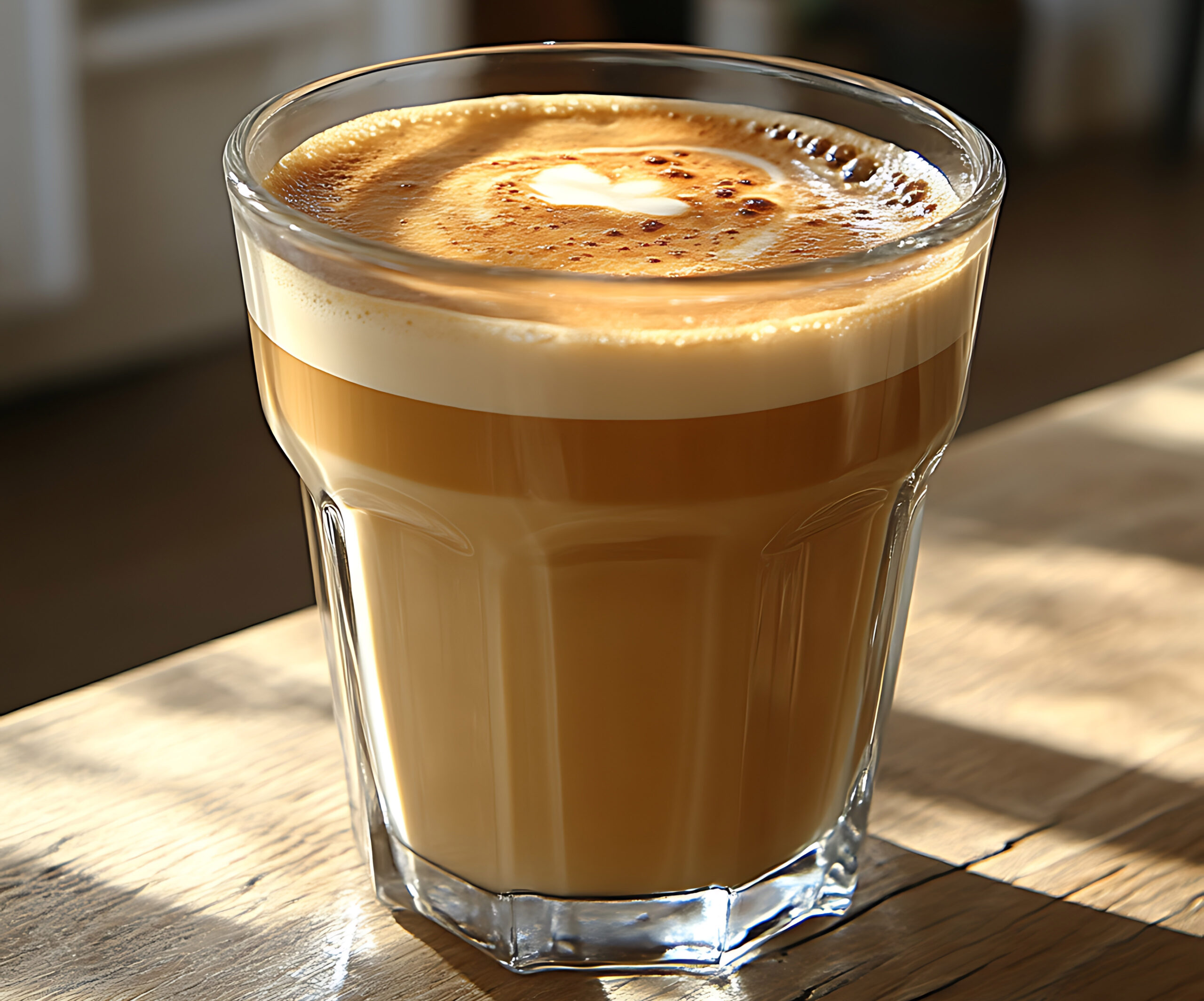 Close-up view of a light-brown coffee drink, likely a latte or cappuccino, served in a clear glass tumbler with decorative facets. The drink has a visible layer of light-brown foam on top. The image focuses on the drink itself, with the background slightly blurred. The drink is presented on a wooden table.