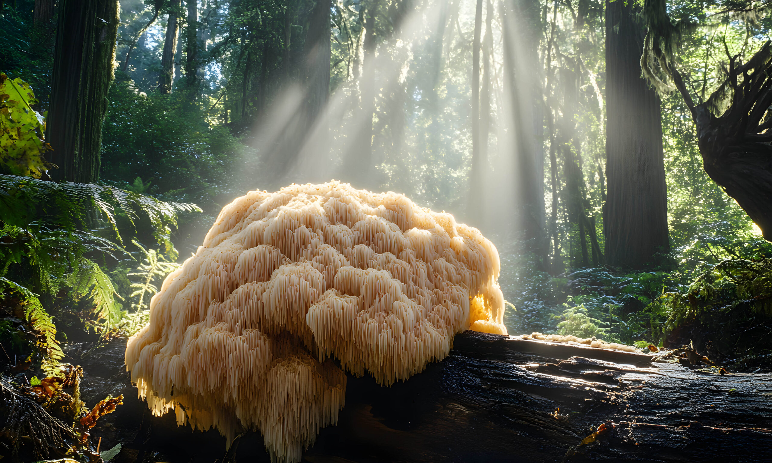 A large lion's mane mushroom grows on a log in a sun-drenched fo