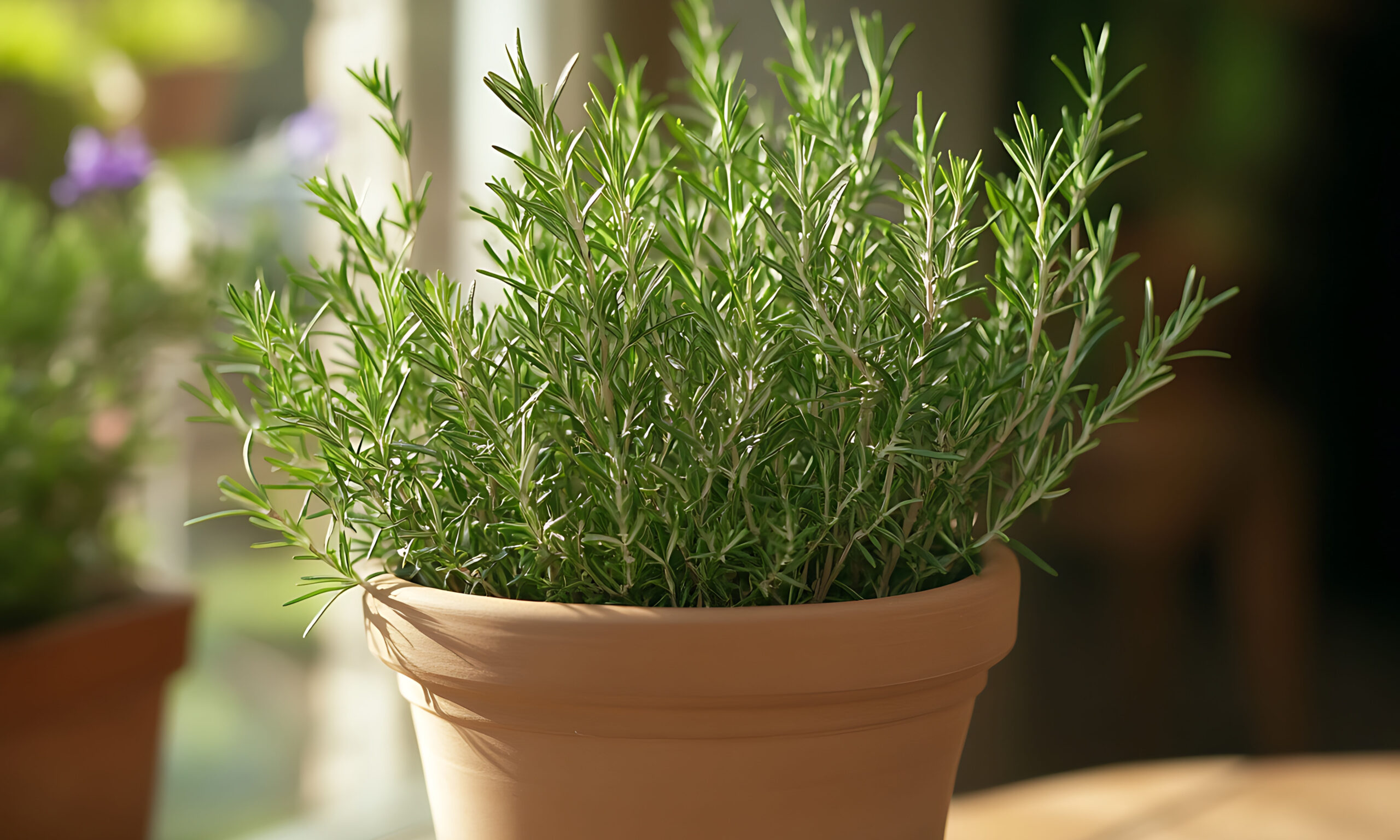 A vibrant rosemary plant thrives in a terracotta pot near a window