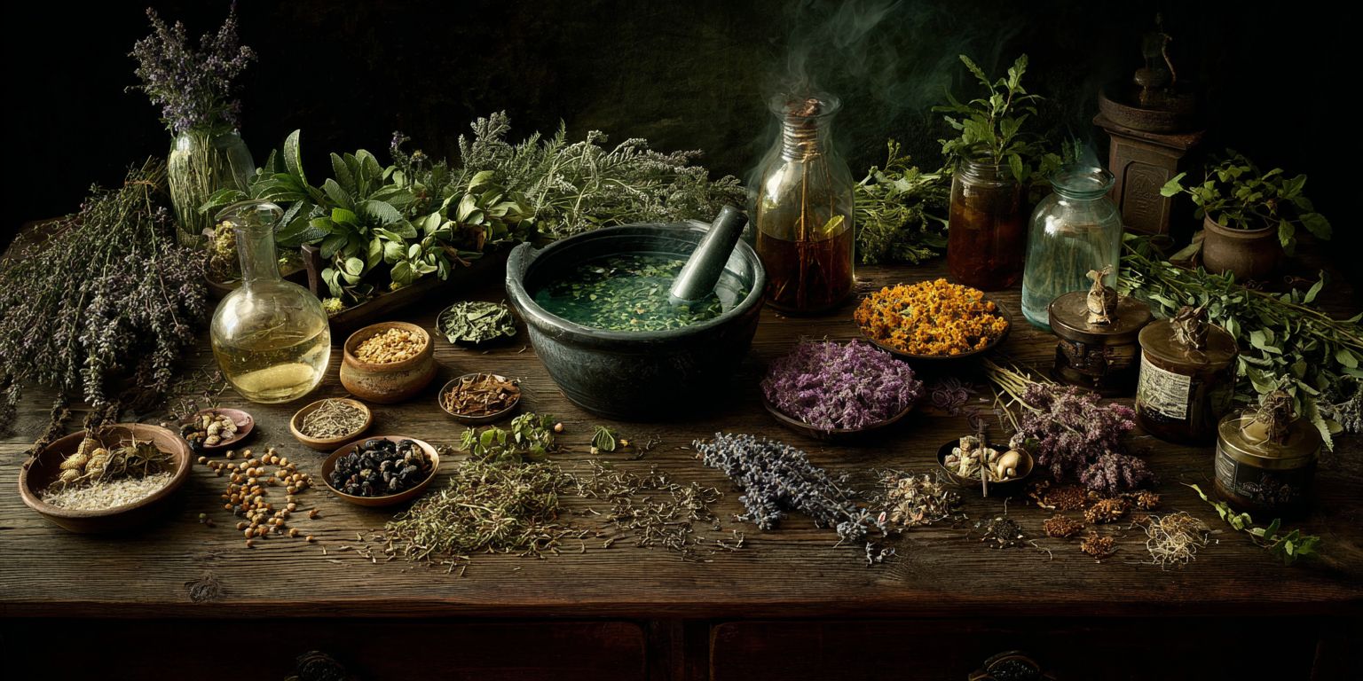 table filled with medicinal herbs