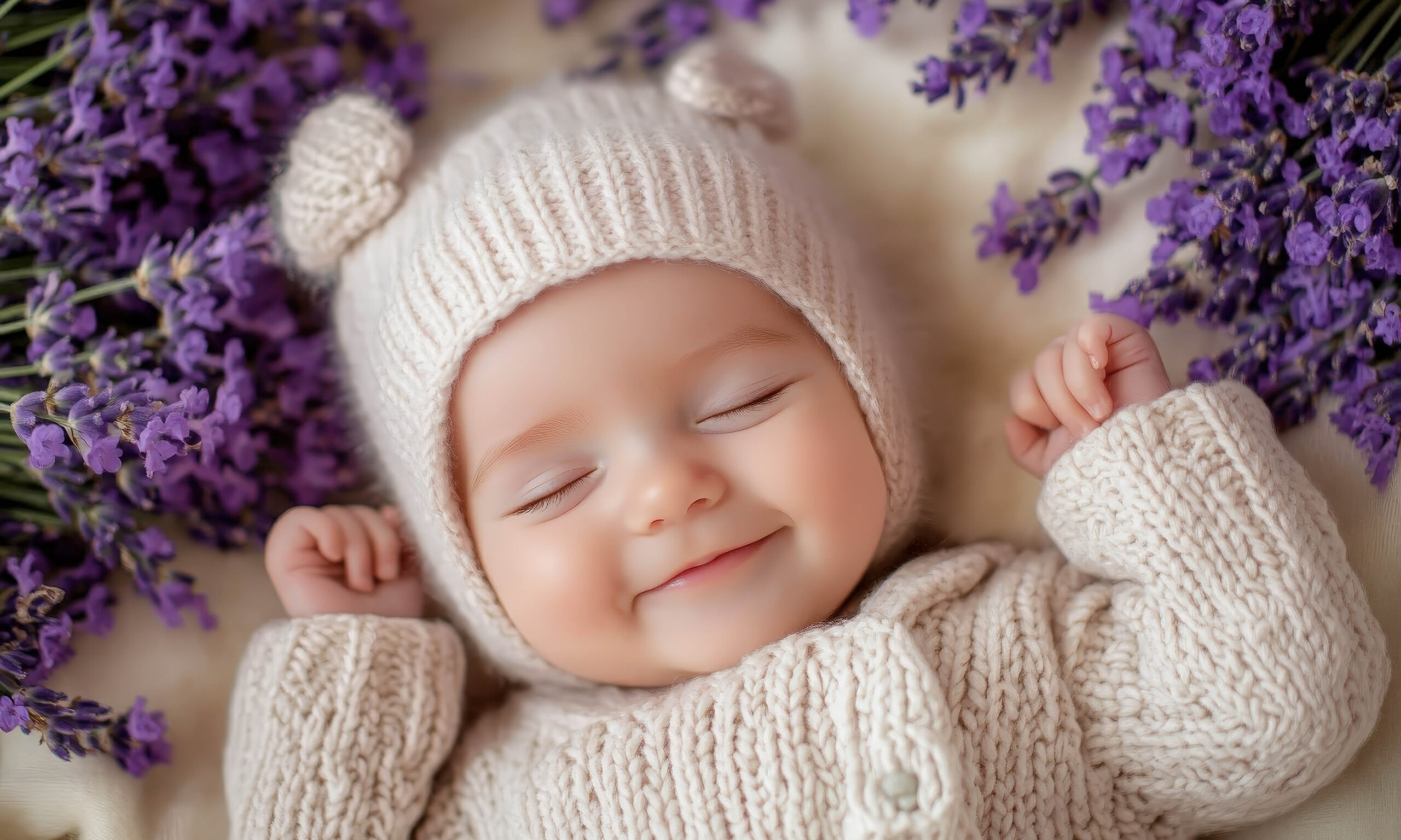 Newborn baby wearing knitted clothes sleeping peacefully and smiling, surrounded by fresh lavender flowers, creating a serene and calming atmosphere