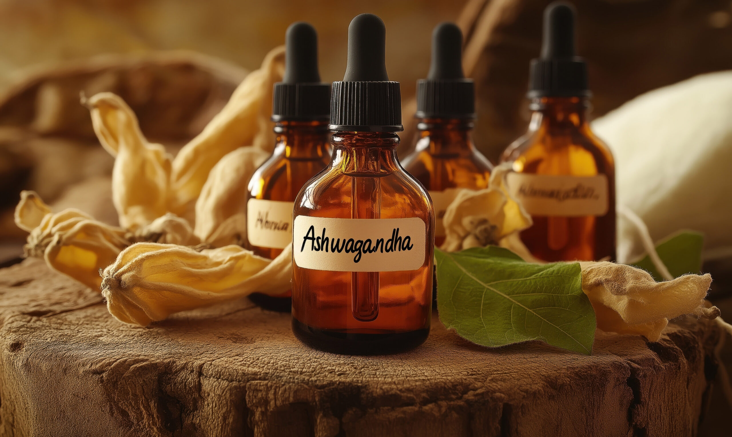 Ashwagandha extract in amber bottles displayed on a wooden surface with dried flowers and fresh leaves. Natural remedy for stress and vitality.