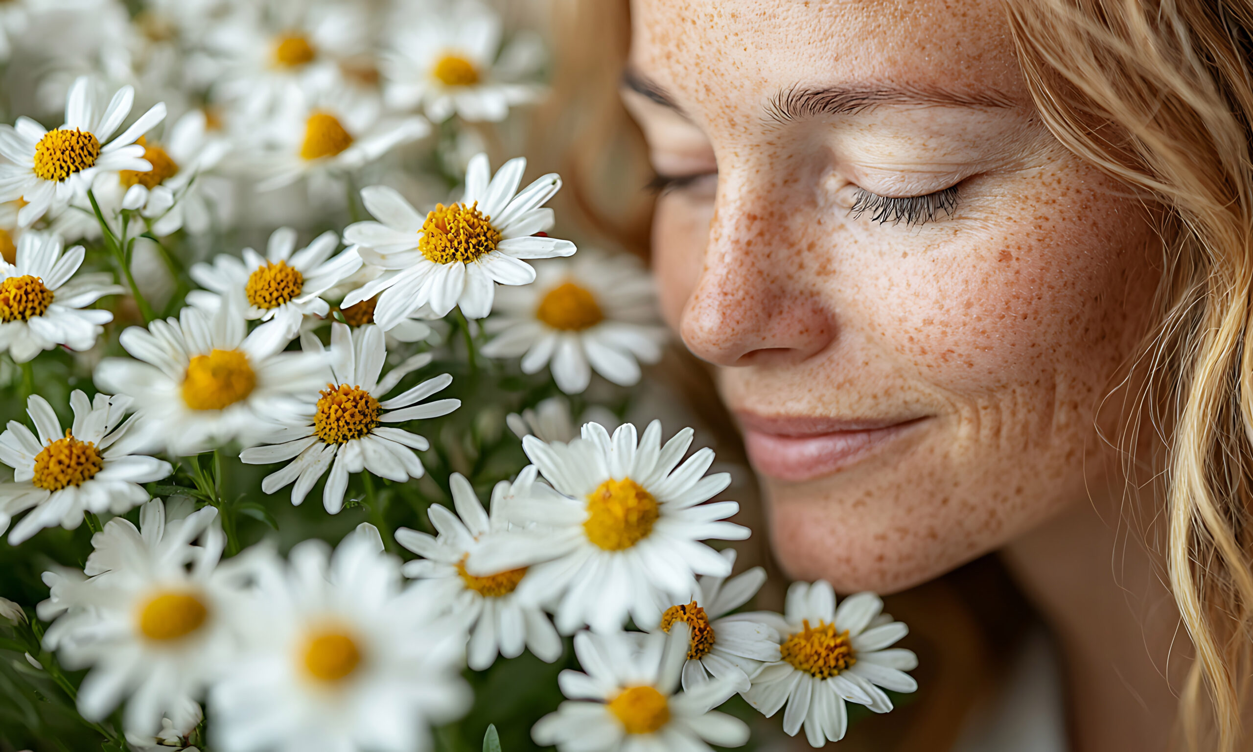 Relaxed woman enjoying chamomile flowers