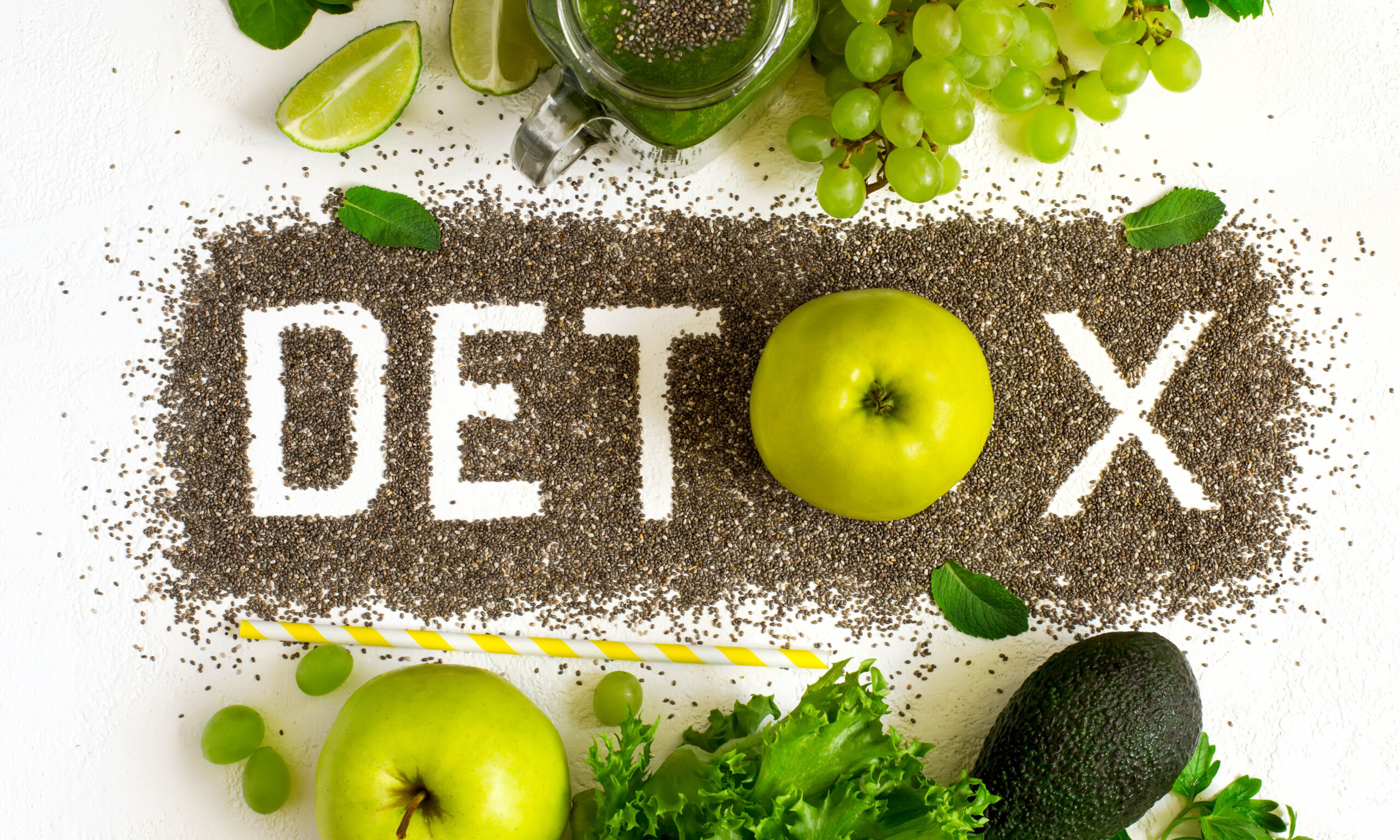 Word detox is made from chia seeds. Green smoothies and ingredients. Concept of diet, cleansing the body, healthy eating