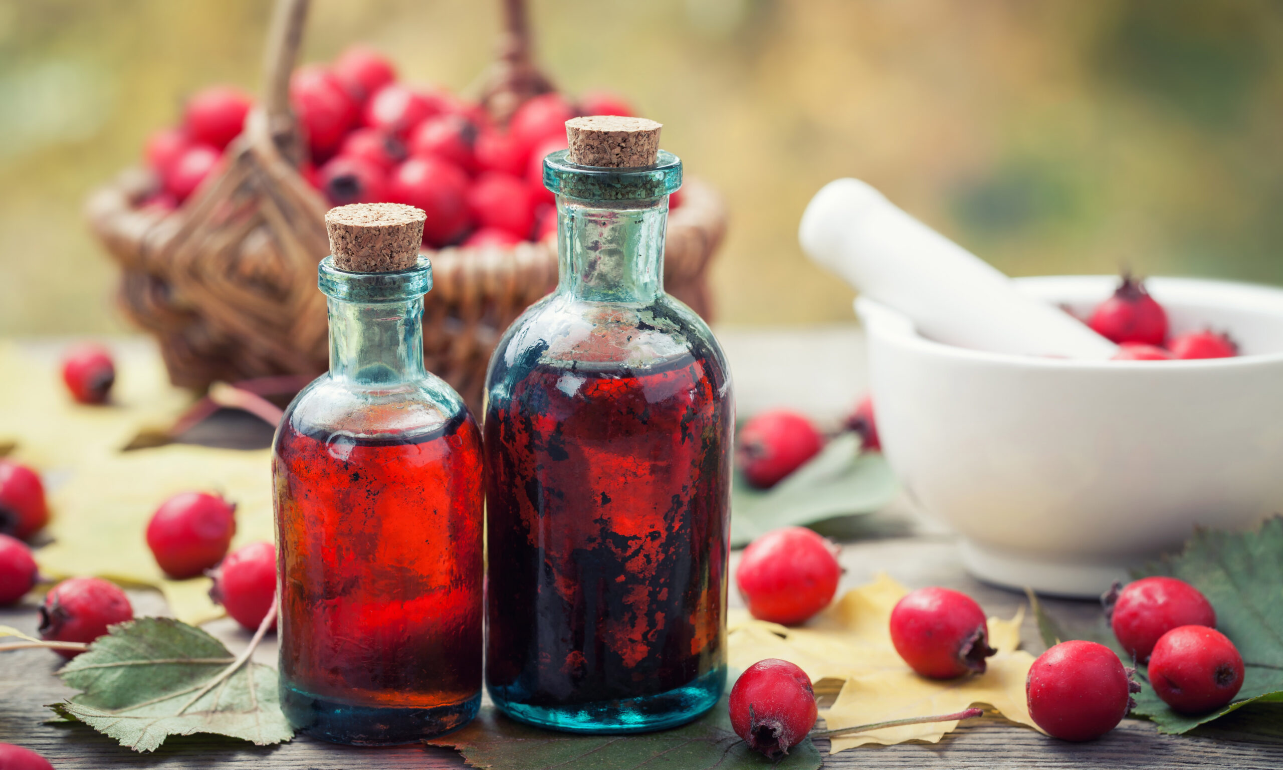 Mortar of hawthorn berries, two tincture or infusion bottles and basket of thorn apples on wooden board. Herbal medicine.