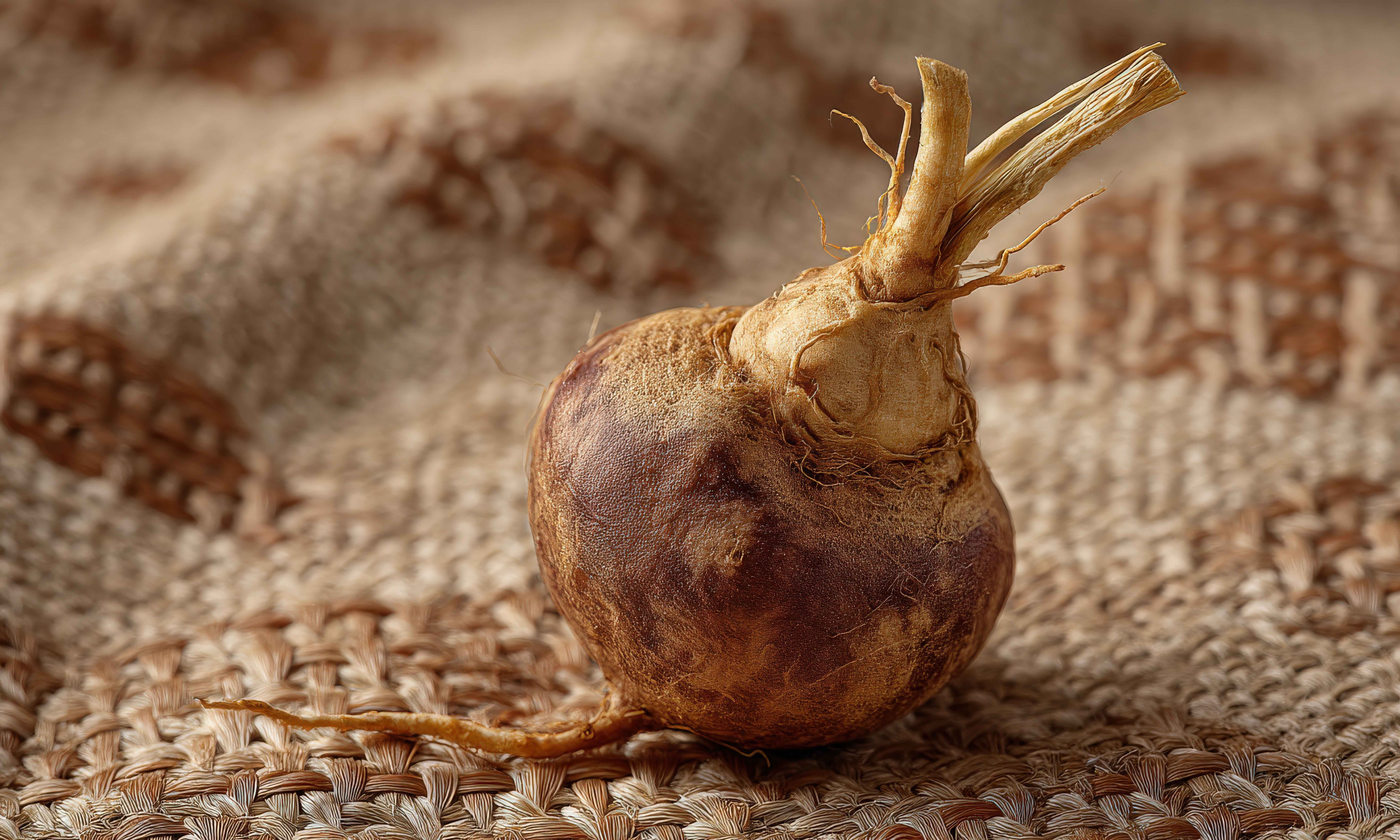 Close-up of a maca root on a textured background. The earthy tones and intricate details highlight the unique texture of the root.