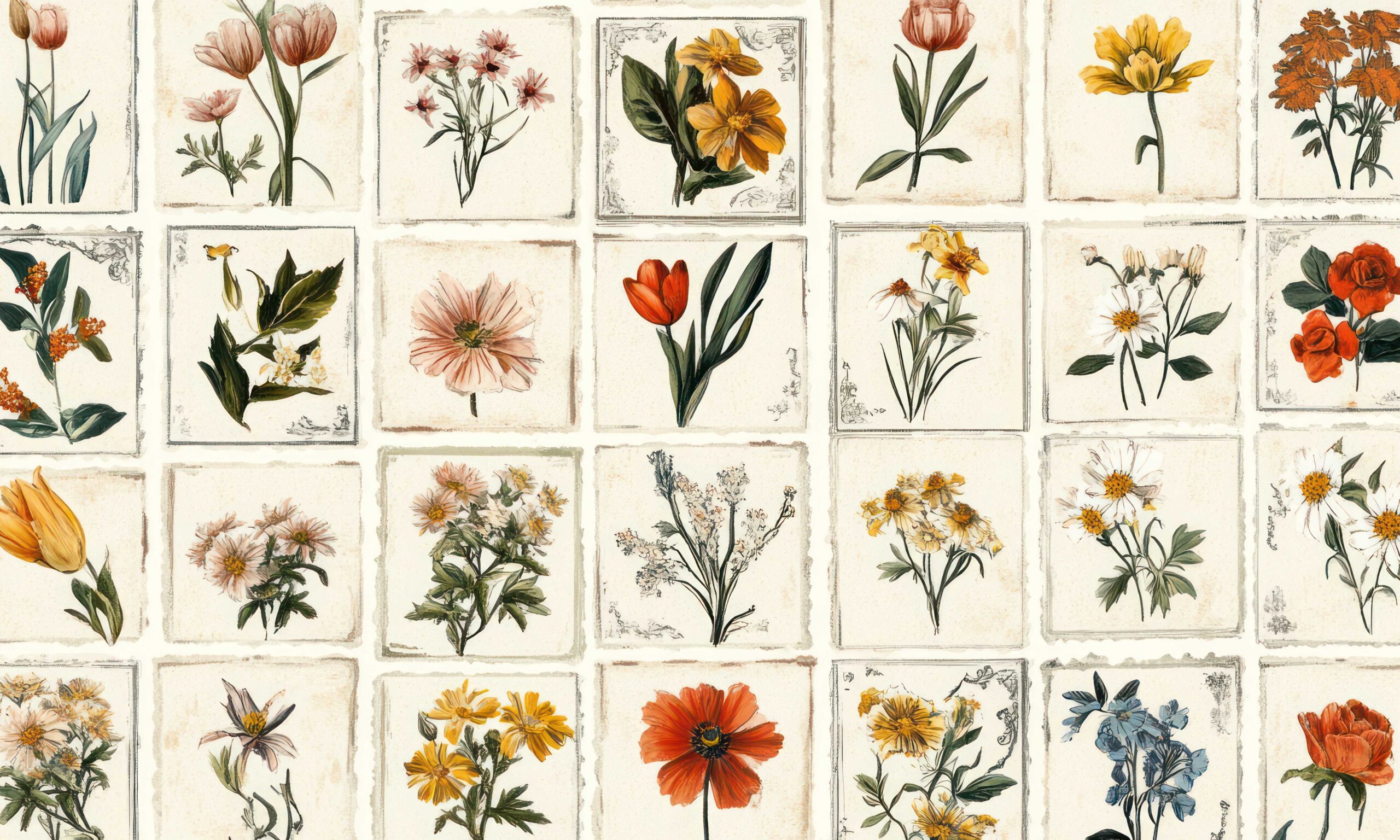 A repeating pattern of framed botanical illustrations showcasing a variety of flowers.