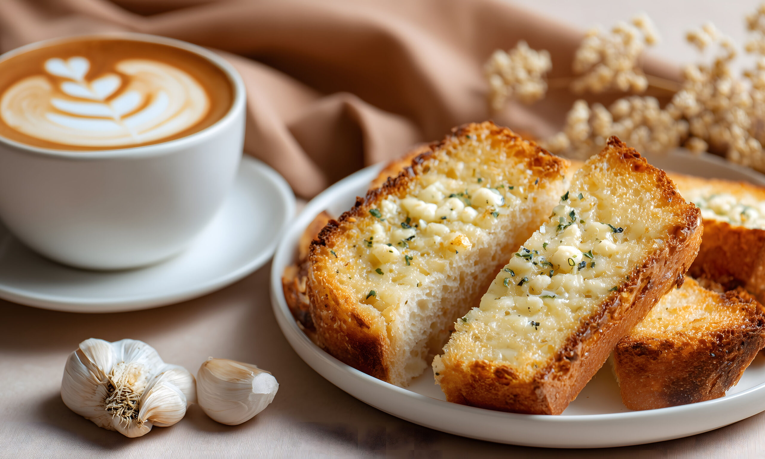 Toasted buttery garlic bread slices on a plate with a cup of ca