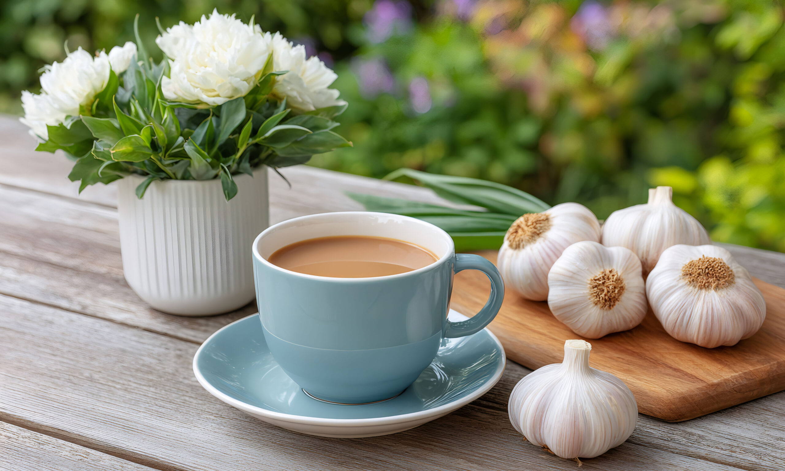 Cup of coffee with milk and garlic bulbs on a wooden table in a garden, promoting a healthy lifestyle with natural remedies