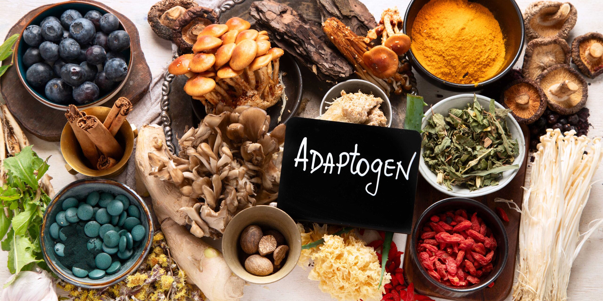 Healthy natural adaptogen. Herbs, spices, mushrooms on light background. Nervine food collection. Top view