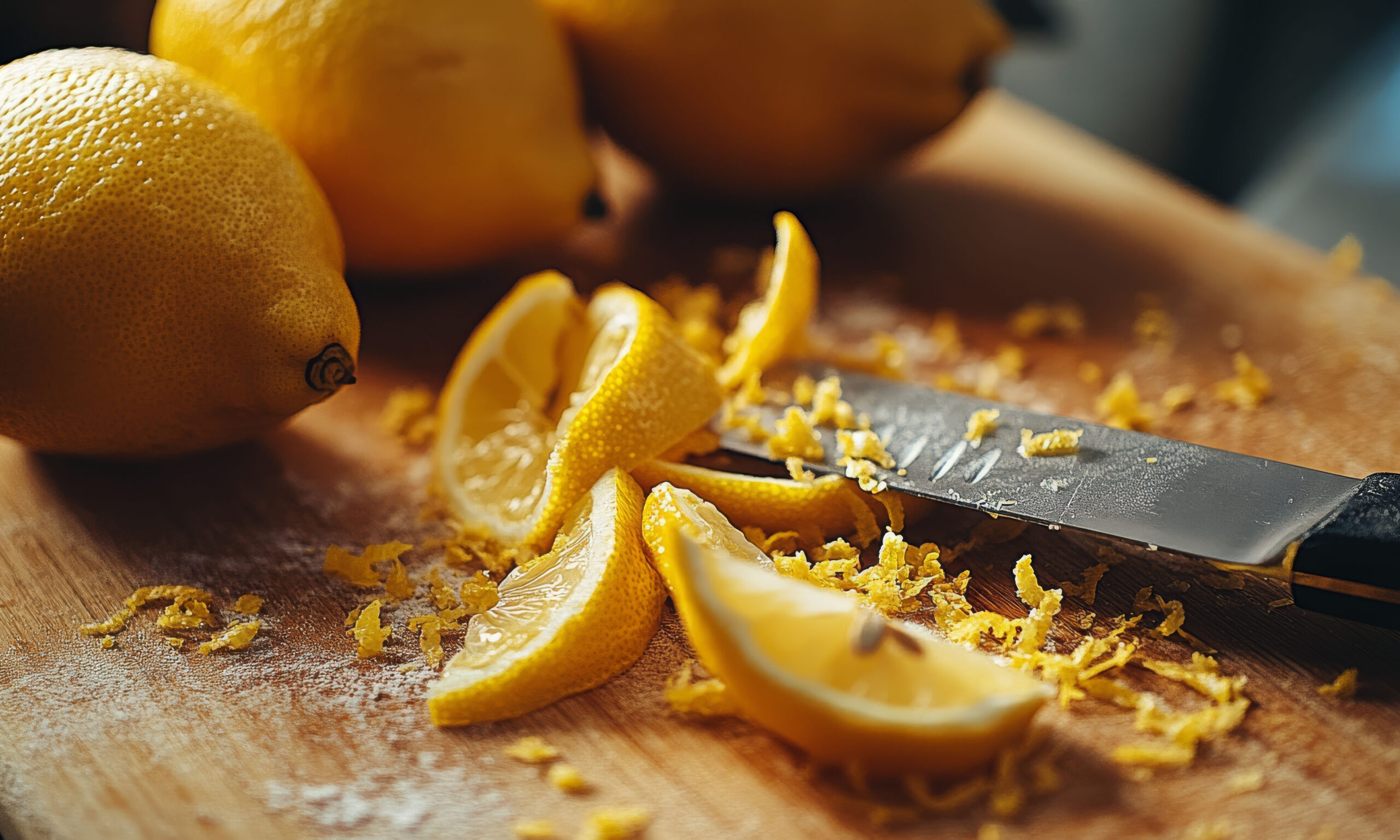 Still life of fresh lemons, zest, and a knife on a wooden cutting board, Canon EOS R5, 50mm f/1.8, bright natural light, sharp texture of lemon peel, vibrant yellow tones, fresh and zesty aroma filling the scene --ar 16:9 --v 6.1 Job ID: 721dc2a9-1829-4459-9e98-919d963023a9
