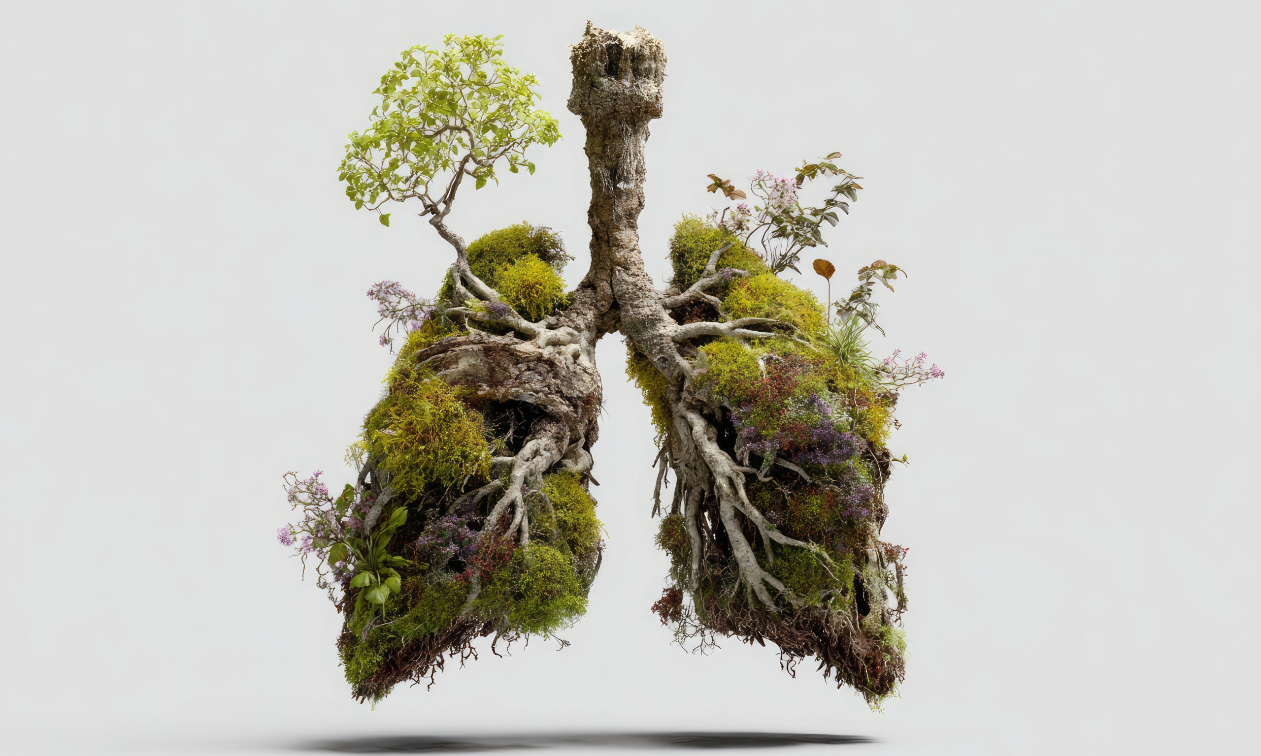 Lungs adorned with a dense, diverse ecosystem of trees, moss, and small plants