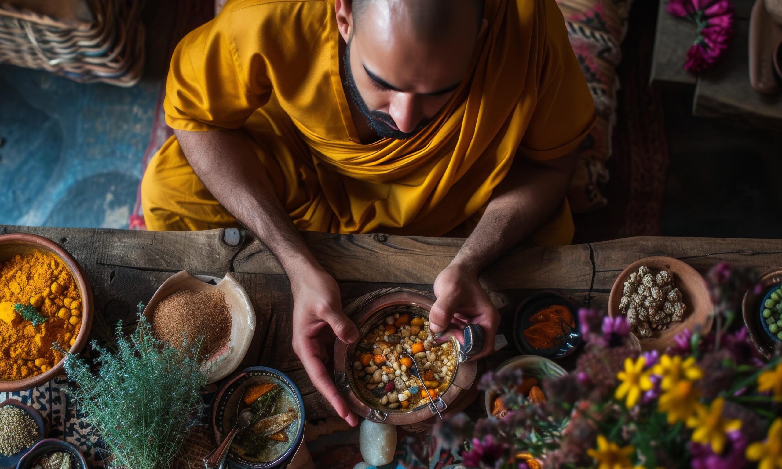 A bald monk in a yellow robe sorts through various natural ingredients, including spices and dried flowers, in a rustic setting.