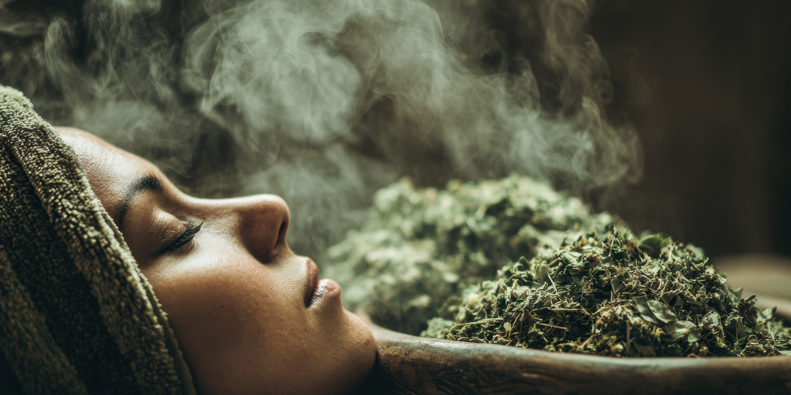 Herbal poultice steam envelops the face during a therapeutic session, offering relaxation and rejuvenation in a rustic, serene setting.