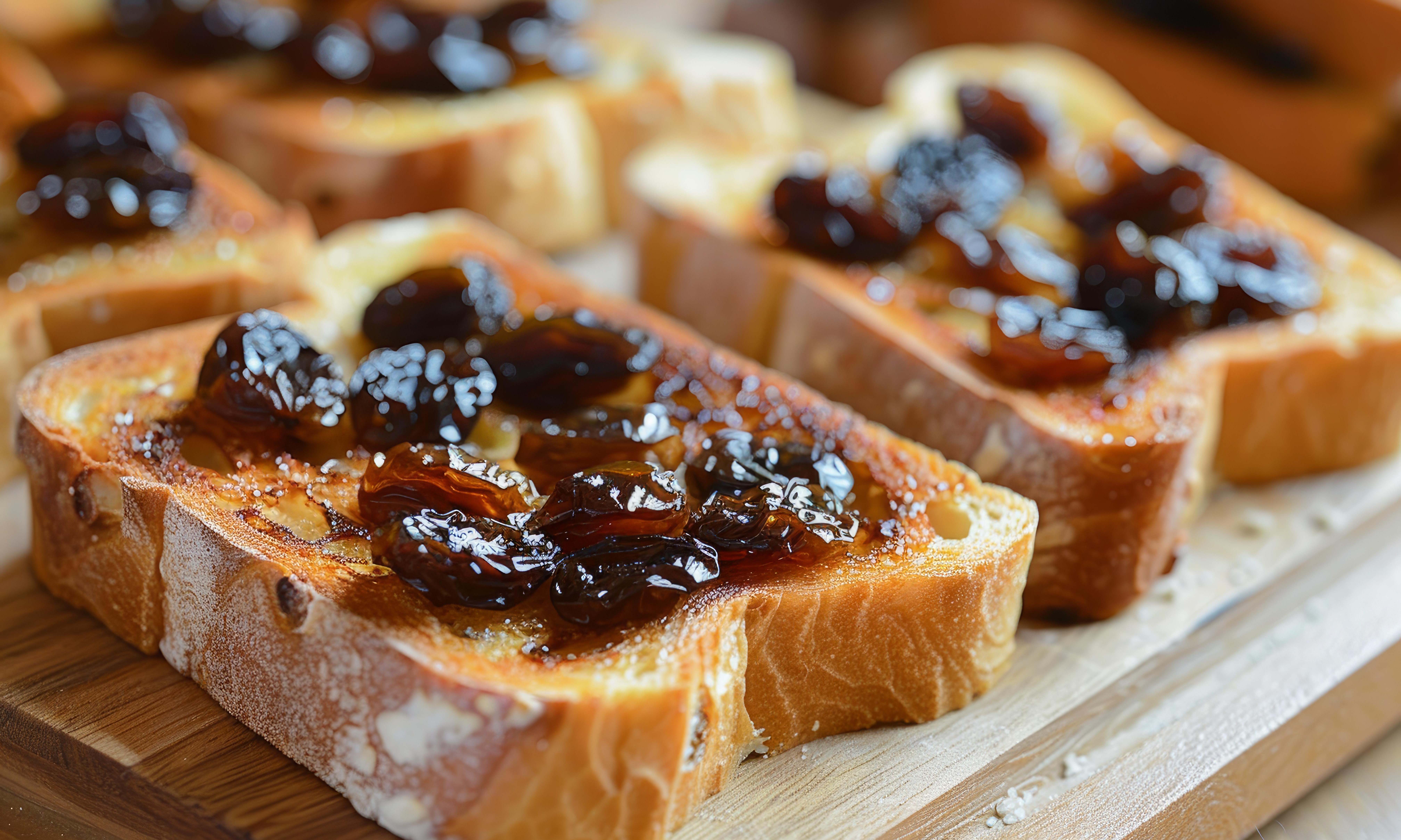 Delicious slices of toasted bread with sweet raisin jam, served on a wooden cutting board, creating a tempting snack or breakfast