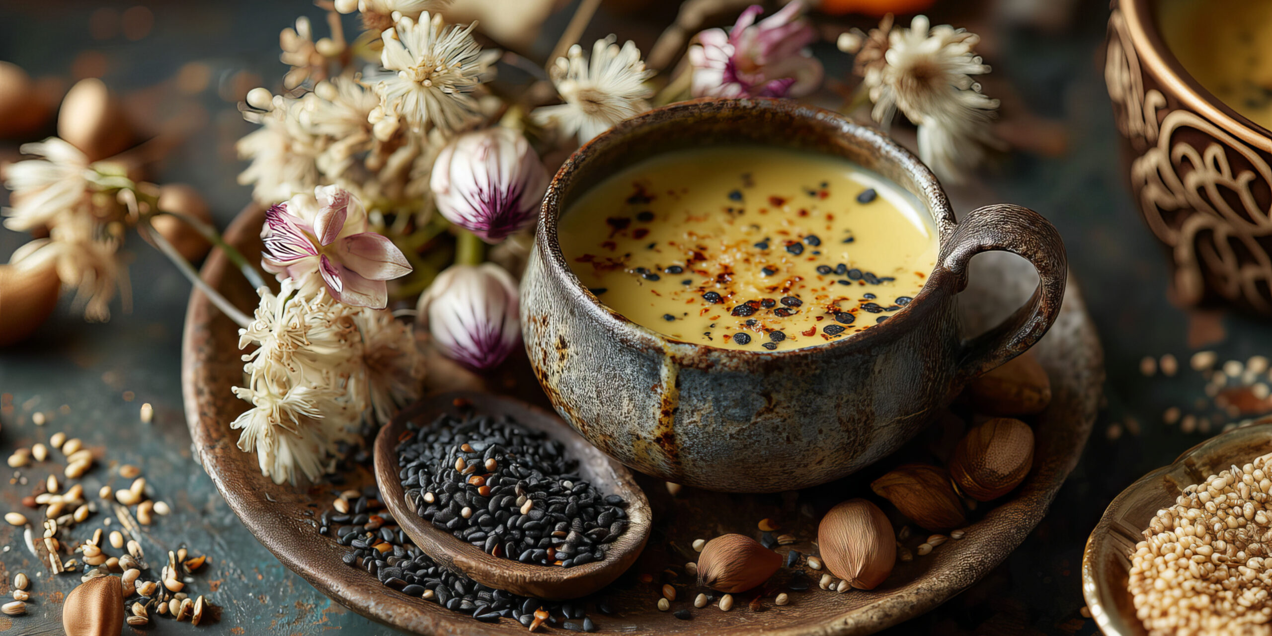 Overhead view of a golden beverage in a rustic cup, garnished with spices. The drink is on a dark rustic plate, surrounded by seeds and other spices. Dried flowers add a touch of elegance to the scene. The overall mood is warm and inviting