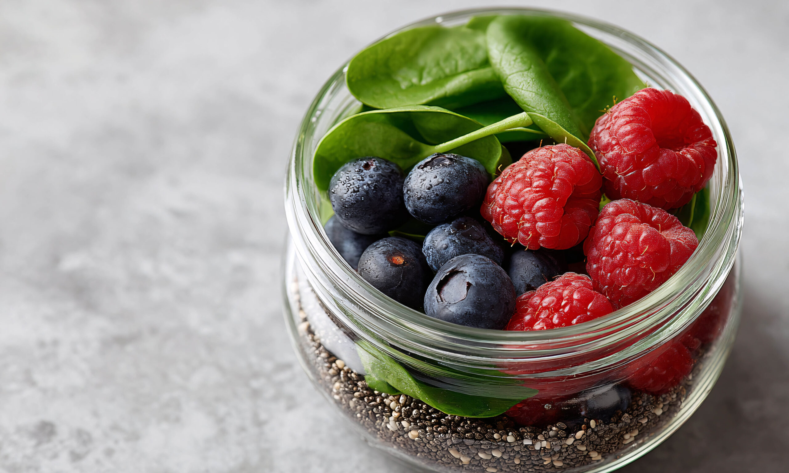 Layered jar of vibrant raspberries, blueberries, and spinach.