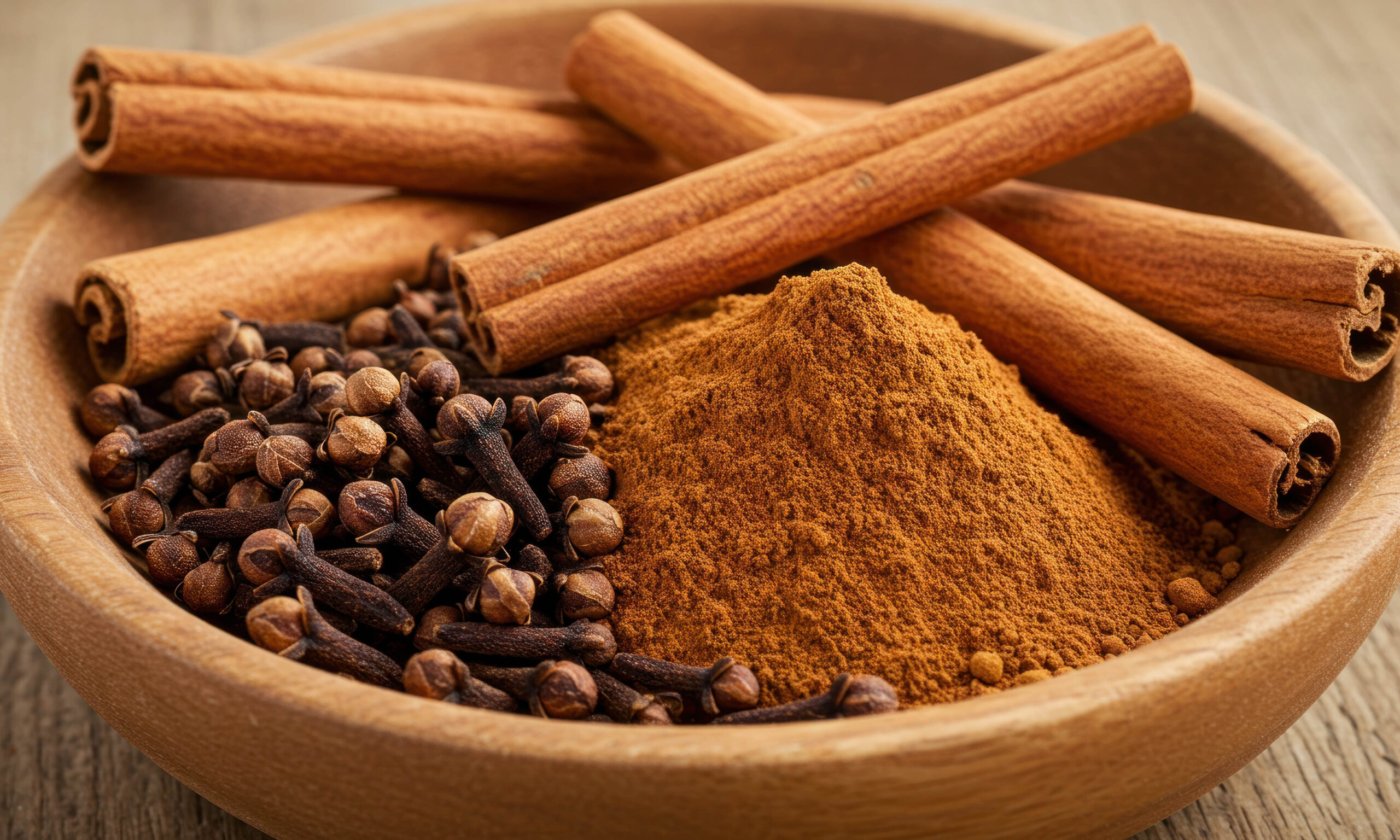 Wooden bowl with cinnamon sticks, powder, and cloves
