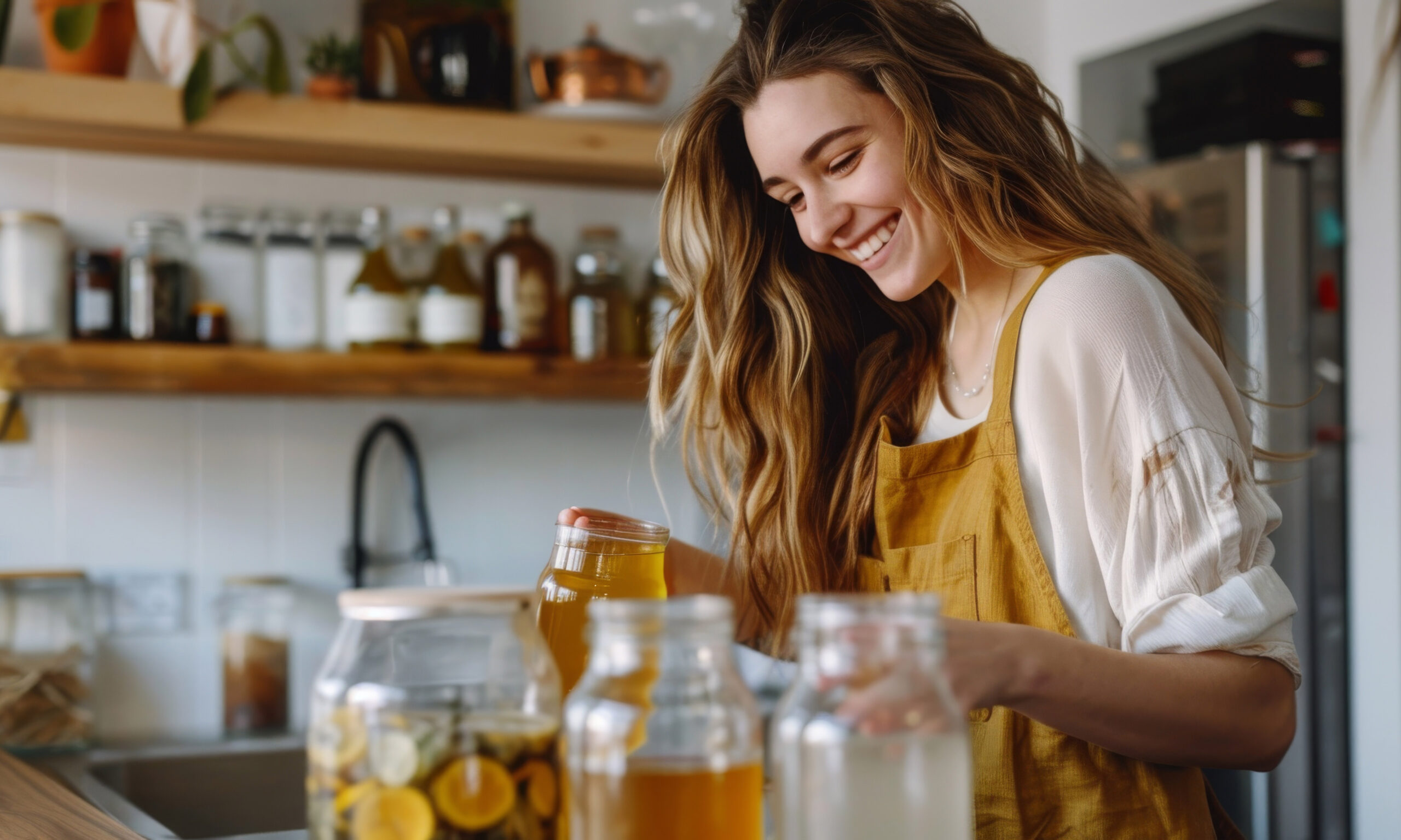 Happy and smiling young woman making Kombucha drink at modern home. Healthy natural probiotic drink. Generative ai.