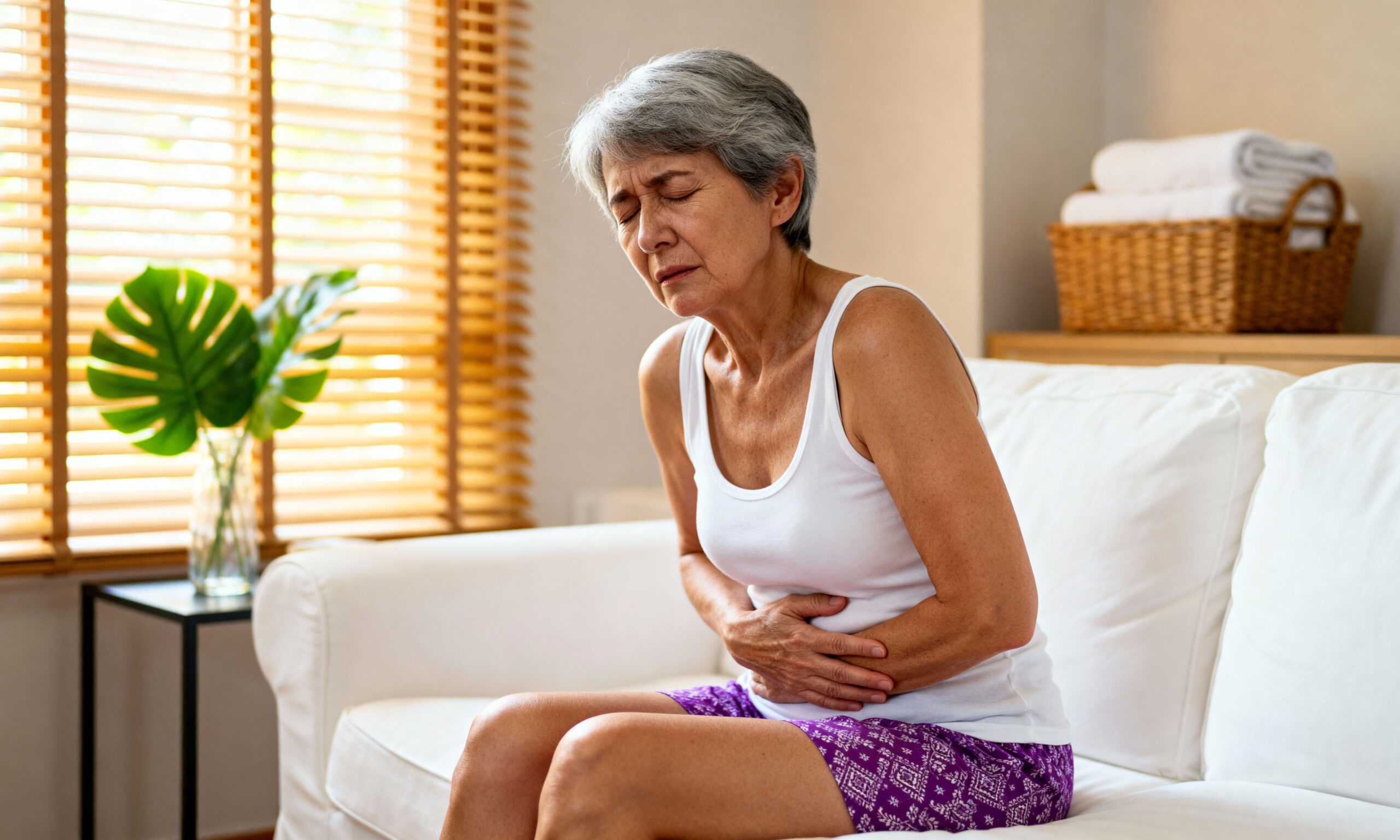 senior woman with stomach pain sitting on sofa at home