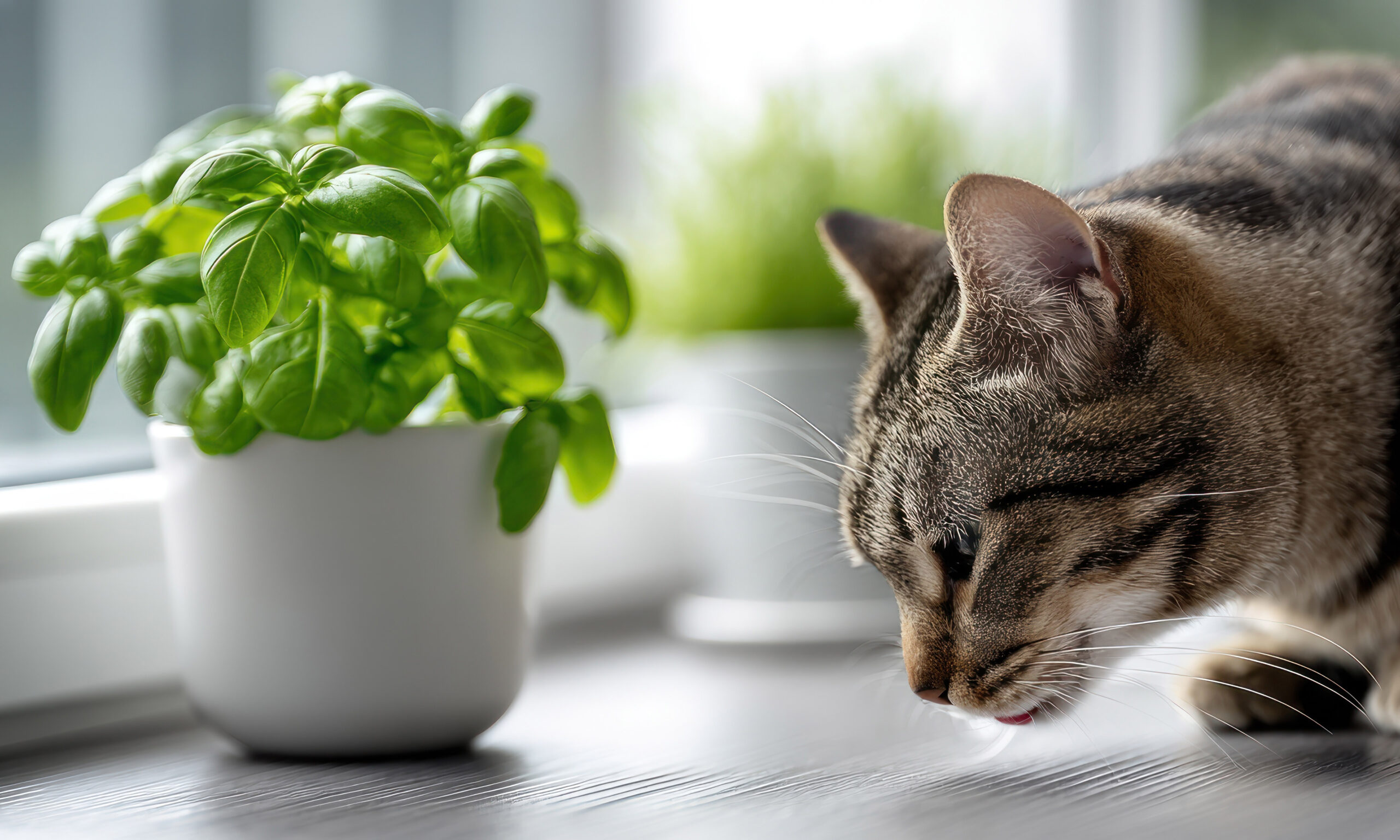 A tabby cat curiously sniffs at a potted basil plant on a windowsill, exploring the fresh greenery in an indoor setting.