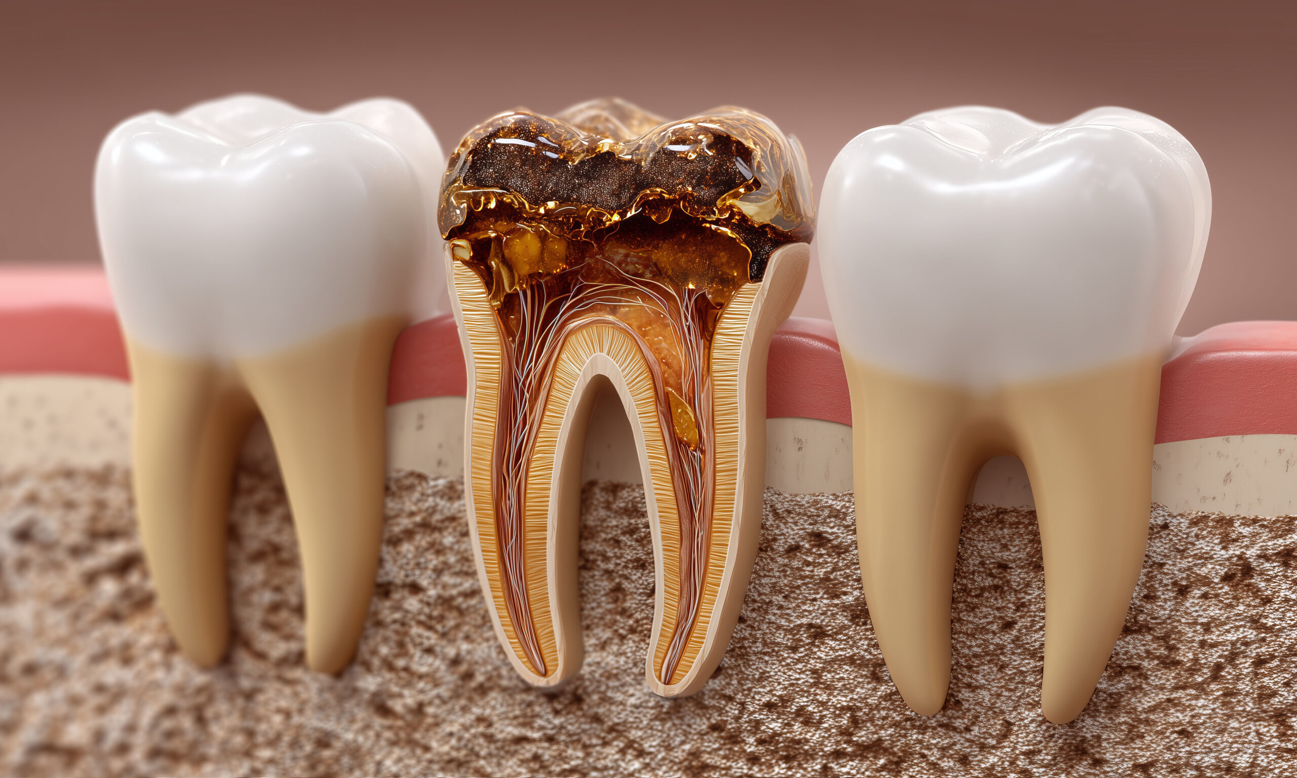Detailed close up of dental cavity from caries and decay for informational purposes --chaos 15 --ar 16:9 --v 7 Job ID: c4d266b7-5eeb-49b3-8cd9-f7b0b4a92e23