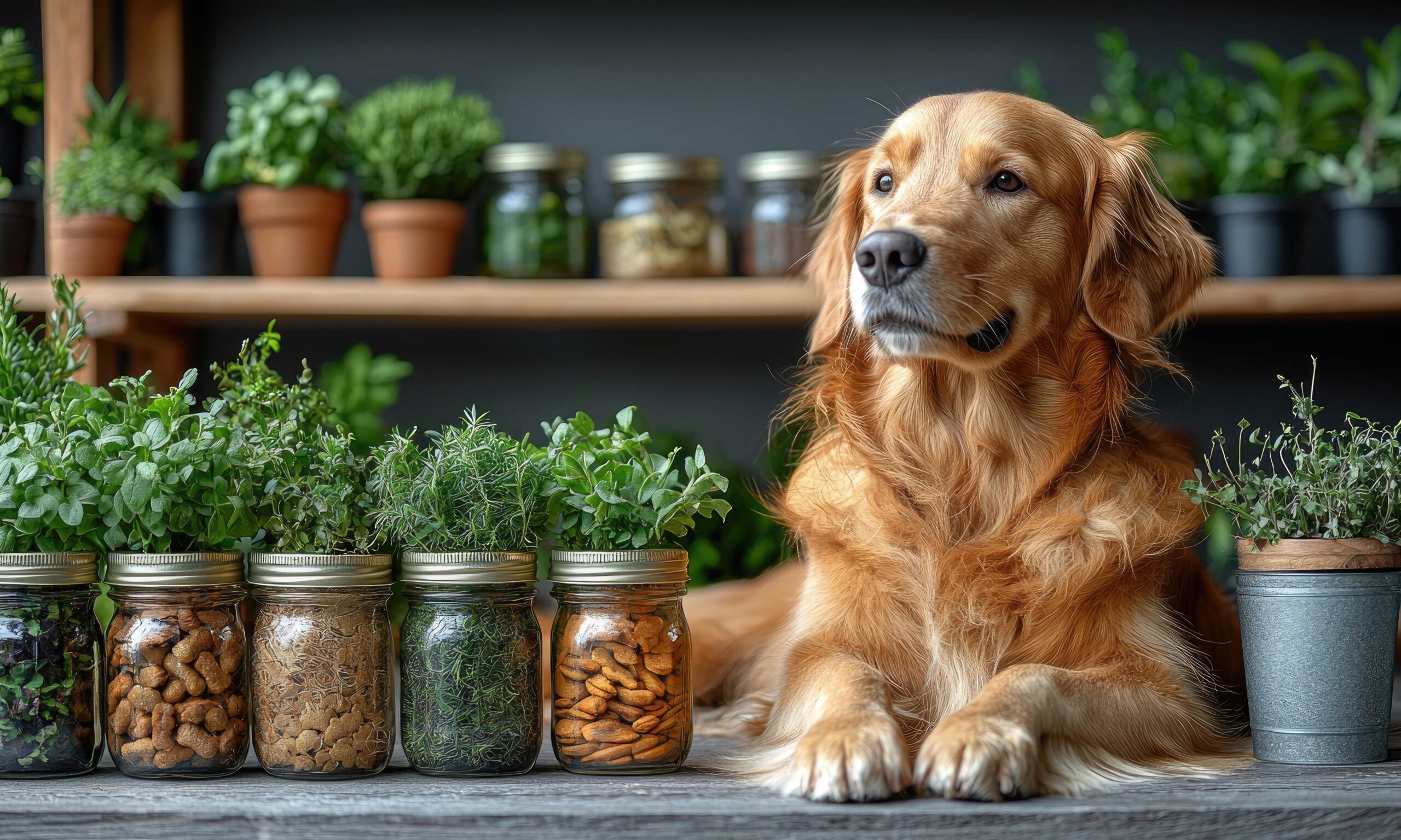 Golden Retriever resting among herbs and jars