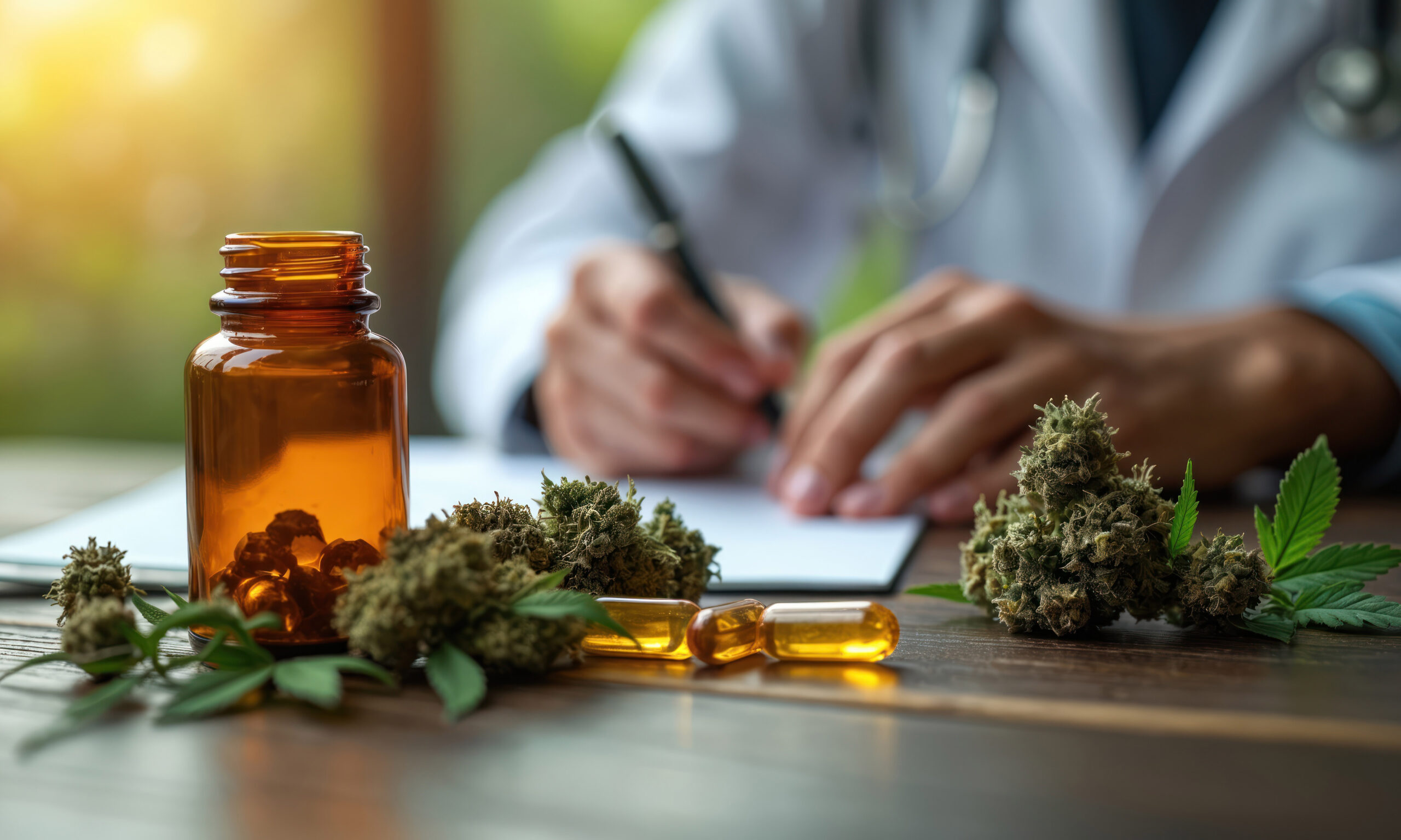 Doctor writes prescription for cannabis oil capsules near marijuana buds. Medical marijuana therapy consultation involves natural, plant compounds for patient wellness.