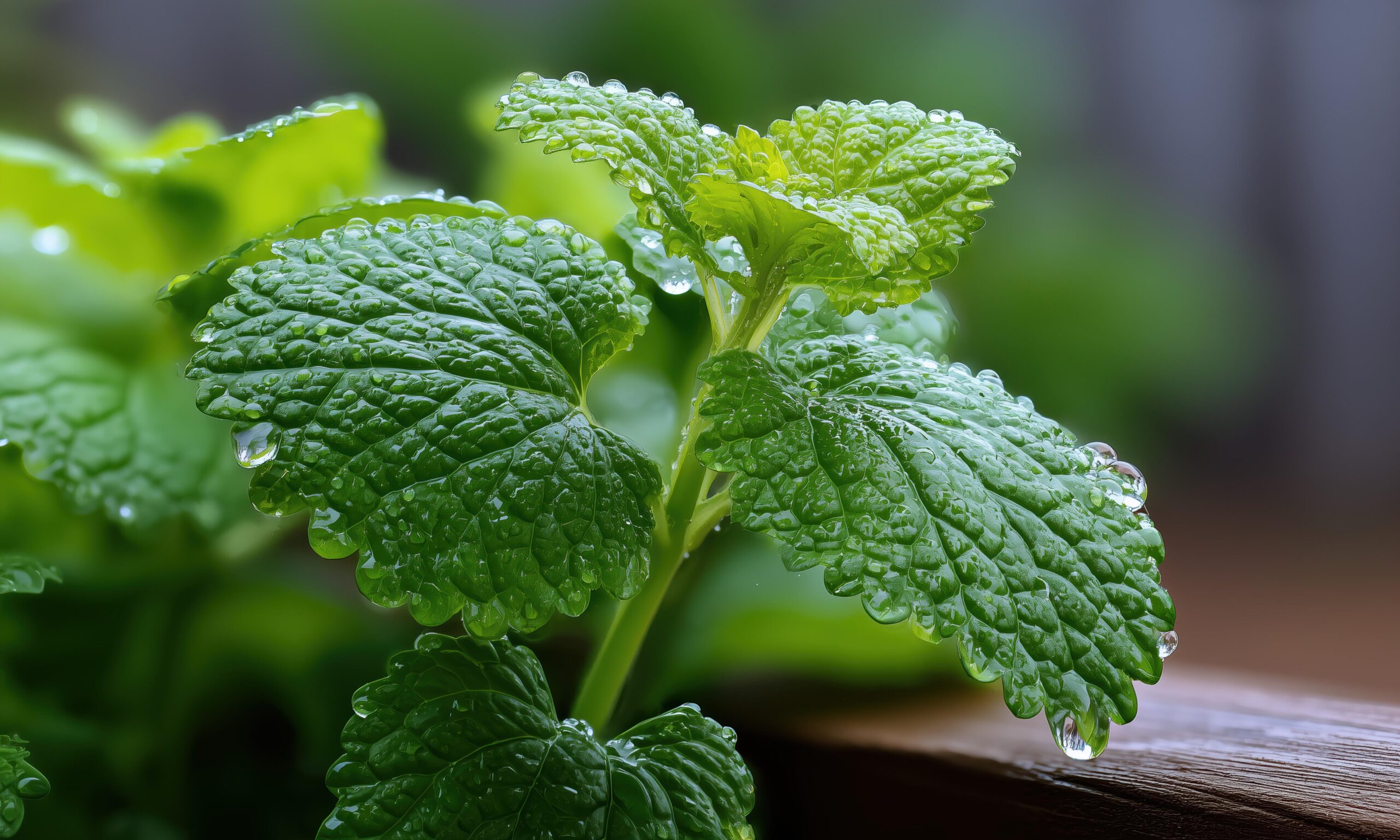 Lemon balm plants with textured, wrinkled green leaves wet from a light rain. Tiny droplets enhance the leaf structure while a garden fence fades into the background mist. --chaos 10 --ar 16:9 --profile geuw864 --v 7 Job ID: 57c68d5f-a63f-4565-8396-996ef9353f71