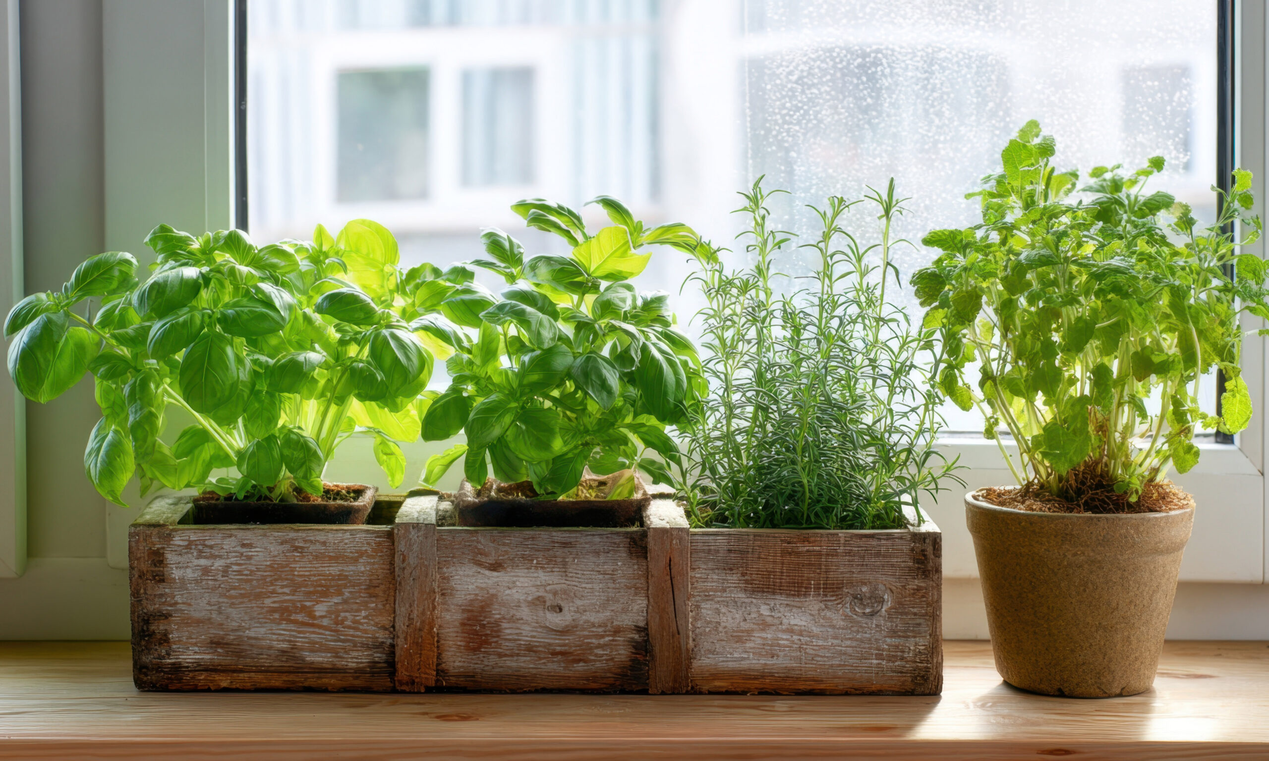 A window sill with three potted plants, including basil, parsley, and rosemary. The plants are arranged in a wooden box and a clay pot. Concept of freshness and natural beauty