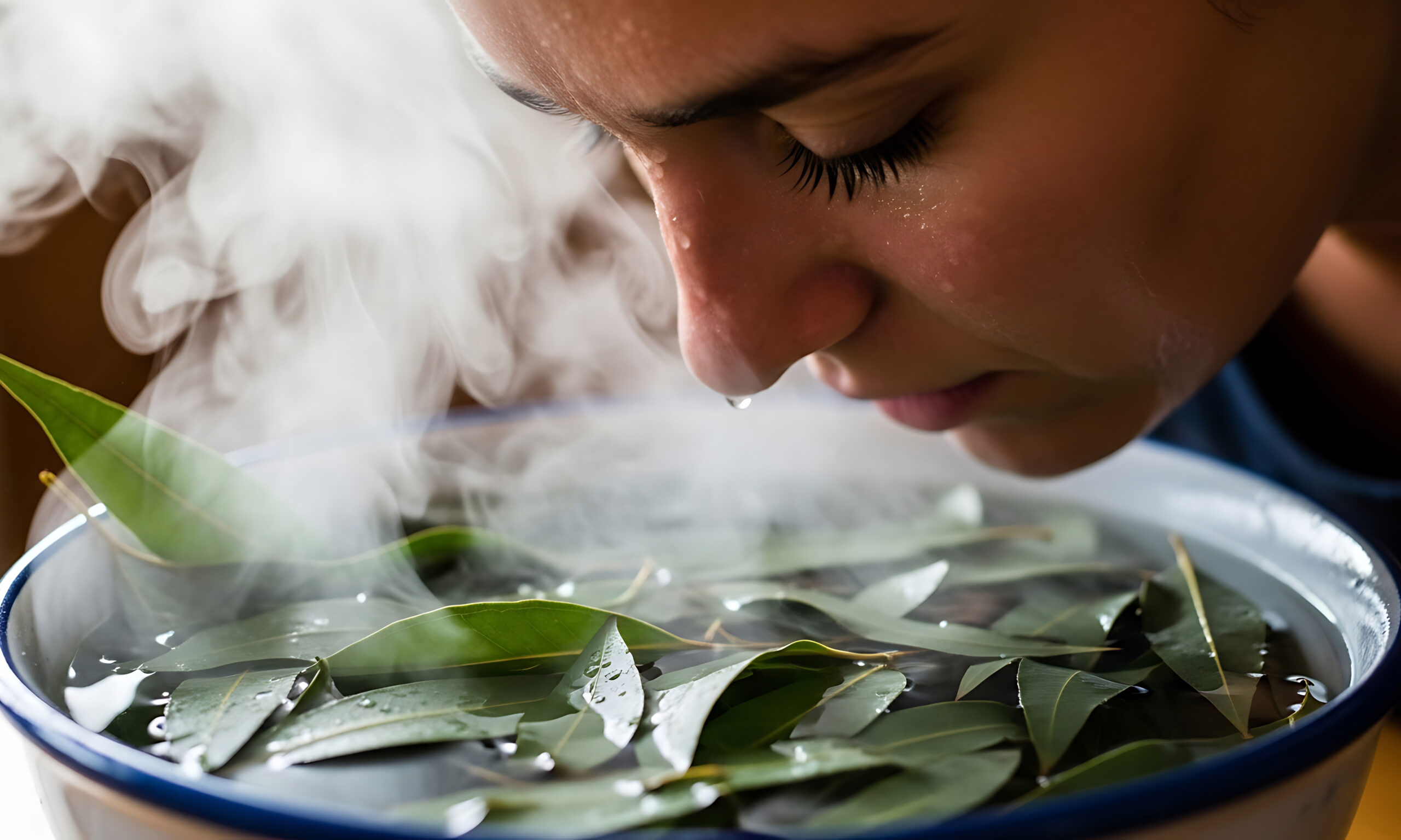 Woman inhales steam from a bowl of water with eucalyptus leaves,