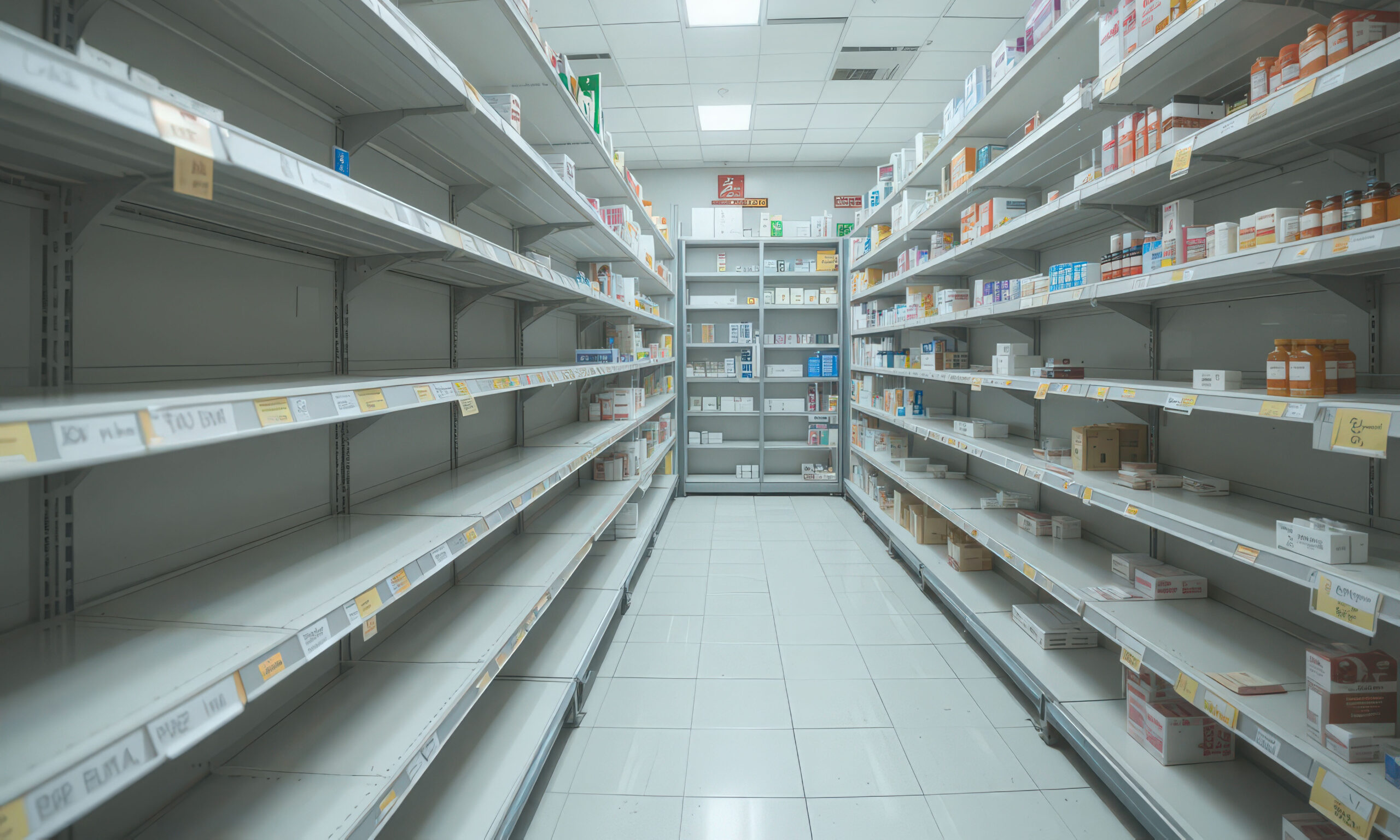 Pharmacy shelves with limited stock of medicines, some sections nearly empty, under bright fluorescent lighting. Concept of drug shortage