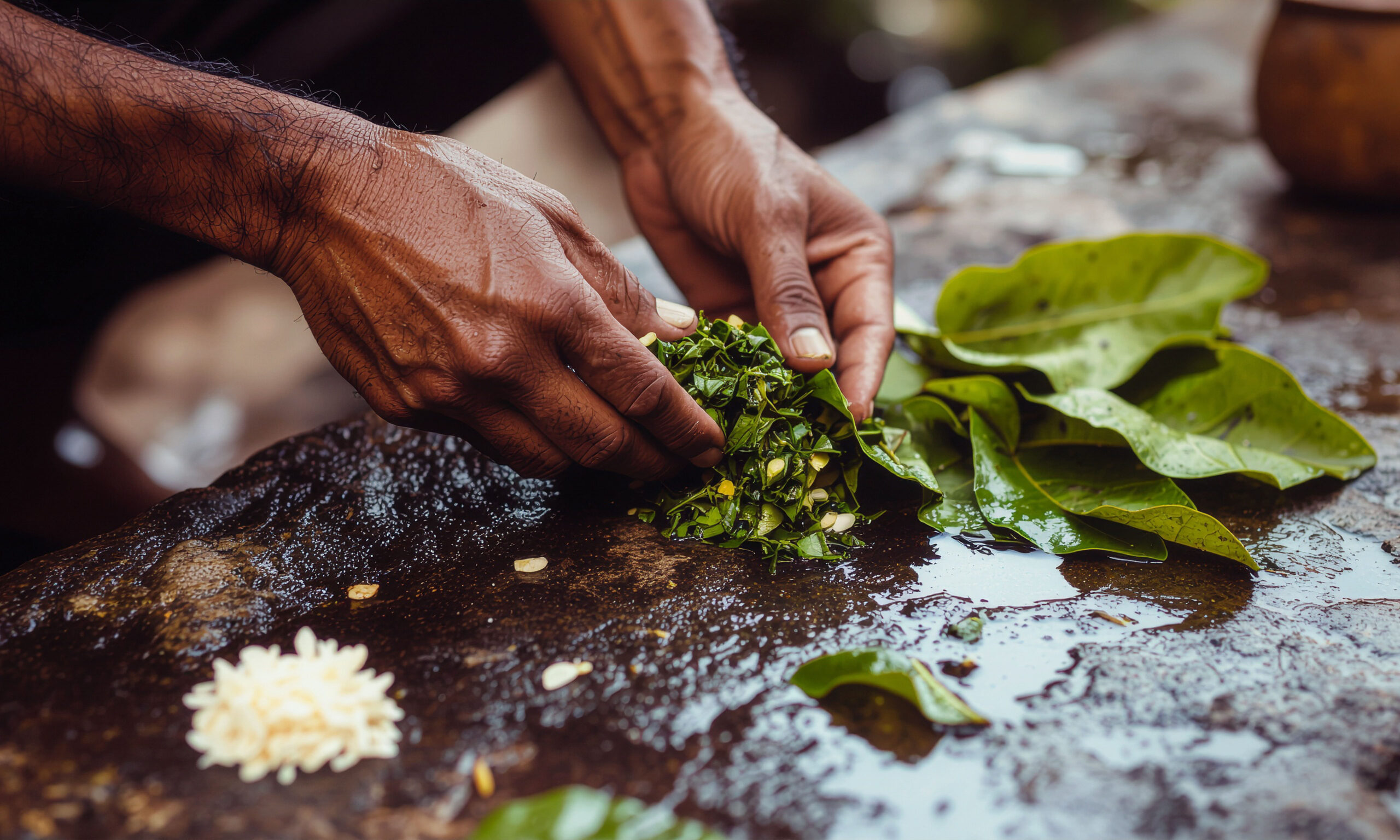 Hands crush fresh plantain leaves into a paste on a smooth stone, preparing a traditional poultice for natural skin healing and irritation relief.....
