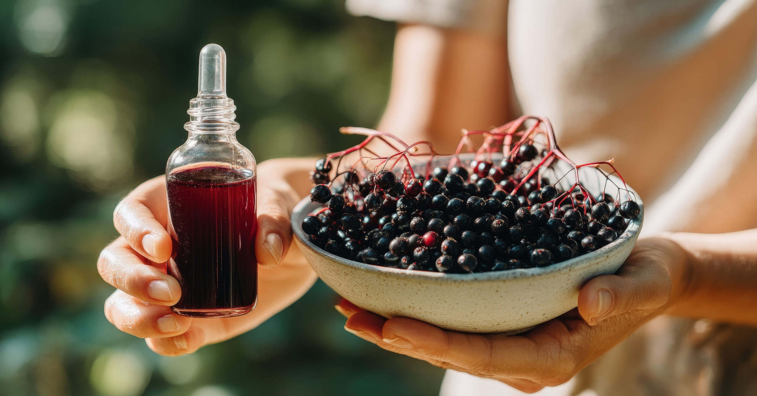 Hands holding a bottle of elderberry oil or syrup and fresh berries in a bowl.