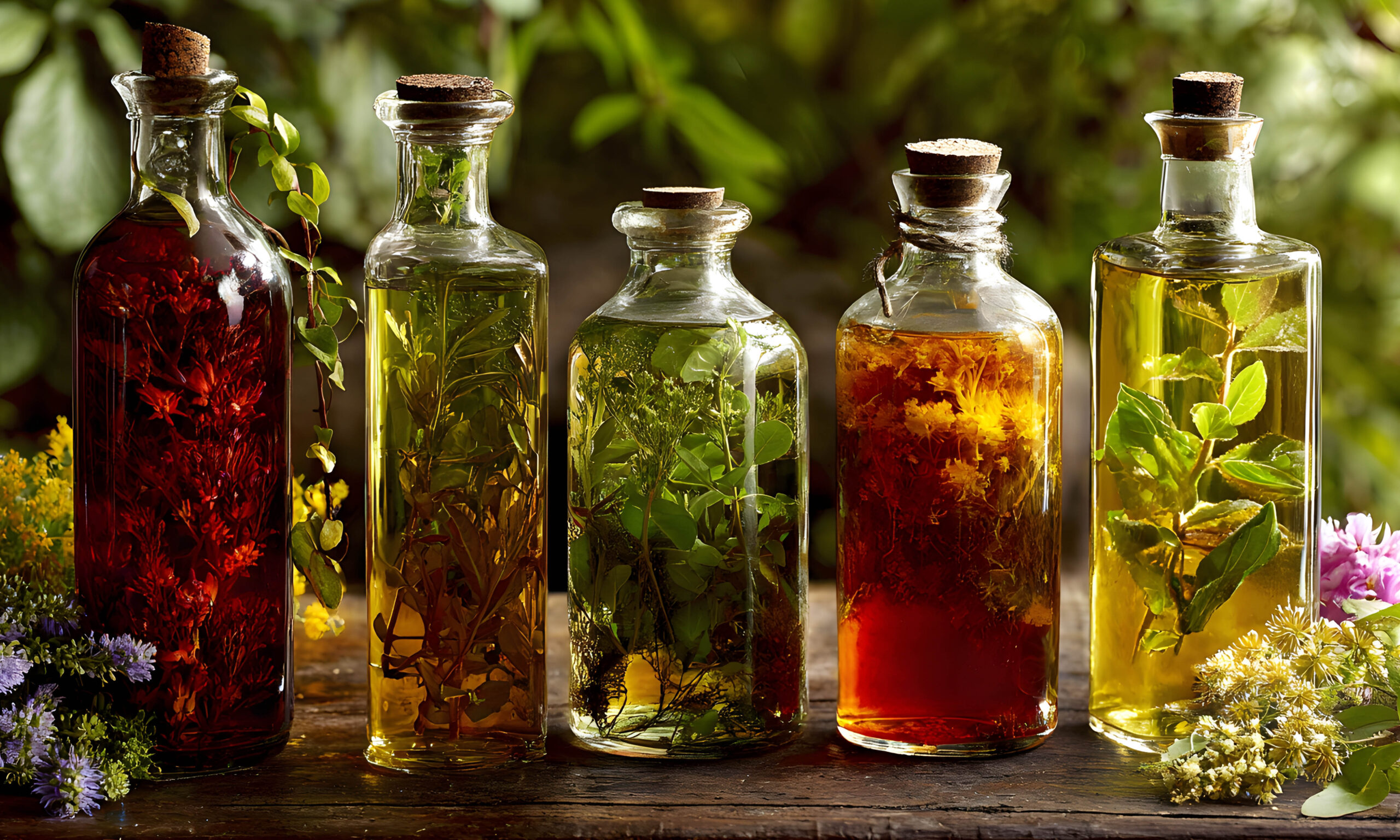 A glass bottle herbal infusion still life with assorted botanical leaves and flowers creating warm natural mood