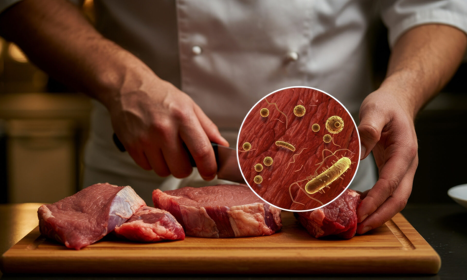 Male adult chef in white uniform slicing raw red meat on wooden board with magnified view of bacteria and parasites highlighting food contamination risk.