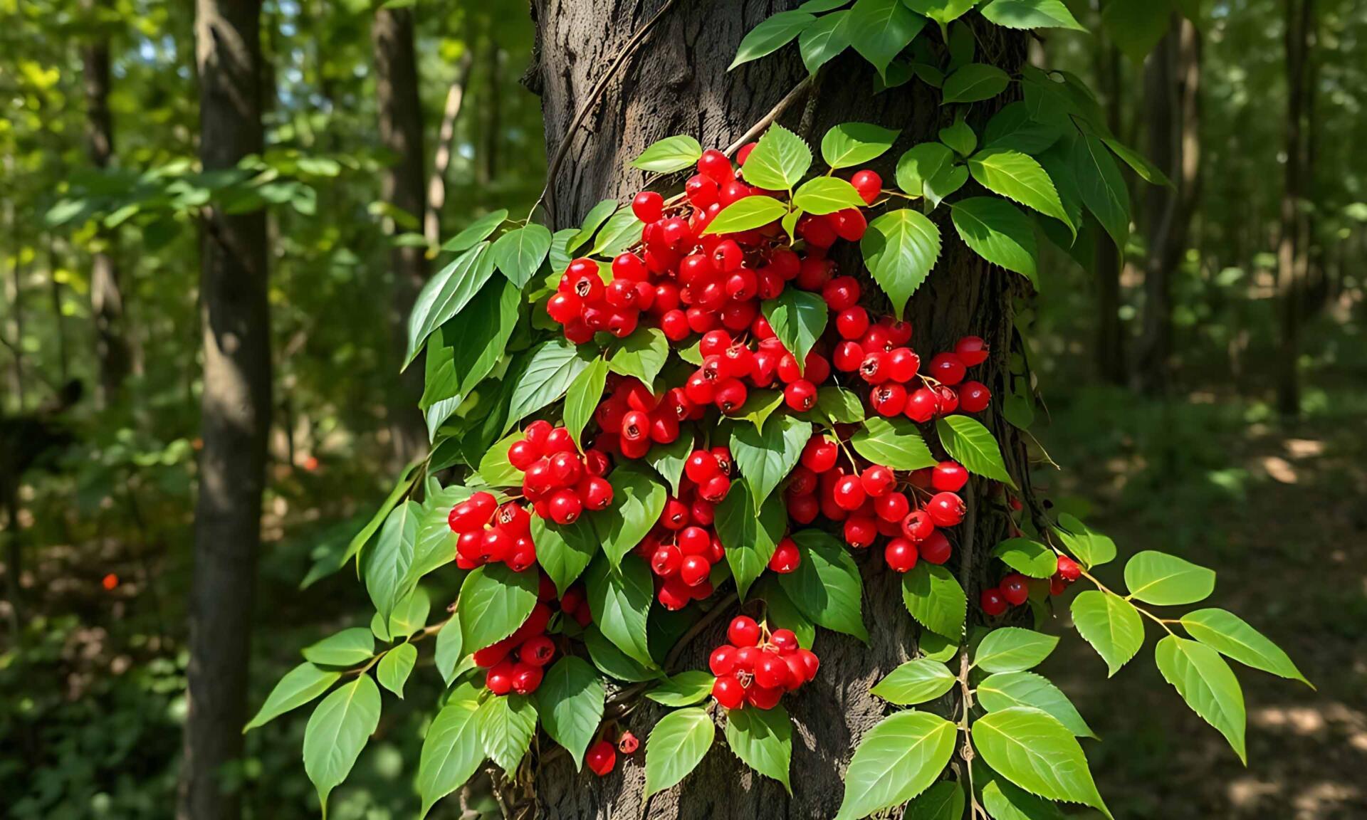 Schisandra vine with red berries growing around a tree trunk in
